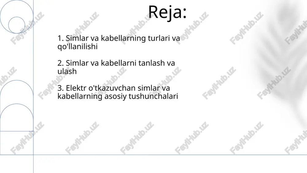nlikni oshiradi, masalan, 7/30 simda 7 ta 30 awg sim birga o'ralgan bo'ladi. simlarning bir turi bo'lgan o'tkazgich simlar (solid wires) bitta metall o'tkazgichdan iborat bo'lib, kichik diametrli o'tkazgichlar 0.005 dyuymdan 0.25 dyuymgacha o'lchamga ega bo'lishi mumkin. 6. o'rnatish qoidalari elektr o'rnatish qoidalari (eo'q) 1000 v gacha kuchlanishli simlarni o'rnatishda xavfsizlik talablarini belgilaydi, jumladan, izolyatsiya qarshiligi kamida 0.5 mω bo'lishini ta'minlash kerak. eo'qning 2.3.85 bandiga ko'ra, himoya o'tkazgichlari (pe) va potensialni tekislash o'tkazgichlari (sup)ning kesimi 6 mm² dan kam bo'lmasligi kerak, bu xavfsizlikni ta'minlaydi. 7. nosozliklarni bartaraf etish o'tkazgichning uzilishini aniqlash uchun multimetr yordamida uzluksizlikni tekshiring; agar qarshilik cheksiz bo'lsa, demak, simda uzilish mavjudligini bildiradi. nosozliklarni bartaraf etishda izolyatsiya qarshiligini tekshirish muhim, bu qiymat 1 megaomdan kam bo'lmasligi kerak, aks holda qisqa tutashuv xavfi yuqori bo'ladi. 8. kabelni ulash usullari "payvandlash usuli" yuqori sifatli va ishonchli ulanishni ta'minlaydi, bunda metallar molekulyar darajada birlashadi, natijada past qarshilik va yuqori mexanik mustahkamlik …
