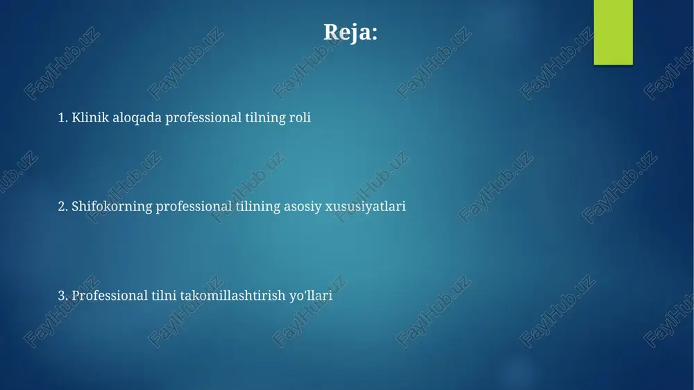 ng ahamiyati xorijiy tillarni bilish, ayniqsa ingliz tilini, tibbiy tadqiqotlar va 70% dan ortiq ilmiy maqolalarni o'qish imkonini beradi, bu esa yangi davolash usullarini o'rganishga yordam beradi. chet tilidagi tibbiy konferensiyalarda qatnashish va 300 dan ziyod xorijiy hamkasblar bilan muloqot qilish, tajriba almashish va xalqaro tibbiyot standartlarini o'zlashtirish uchun muhimdir. professional tilning ahamiyati tibbiy tilda 70% aniqlikdagi kommunikatsiya, hamkasblar o'rtasida samarali hamkorlikni shakllantiradi, kompleks holatlarda 2-darajali tez va to'g'ri qaror qabul qilishga yordam beradi. tibbiy xodimning kasbiy til egaligi, bemor tushunishi uchun aniq, 100% to‘g‘ri tushuntirish berish orqali samarali davolanishda muhim rol o‘ynaydi. tibbiy etikada tilning roli tibbiyot xodimlari o'zaro muloqotida professional terminlar va abbreviaturalardan to'g'ri foydalanishi kerak, chunki noaniqlik tashxis qo'yish va davolash xatolariga olib kelishi mumkin. shifokorning bemor bilan muloqoti tibbiy etikada katta ahamiyatga ega; so'z tanlash, ohang bemorning davolanishga bo'lgan ishonchini oshiradi yoki kamaytiradi. tibbiy terminologiya asoslari anatomik tuzilmalar, fiziologik jarayonlar va patologik holatlarni ifodalash uchun tibbiy …