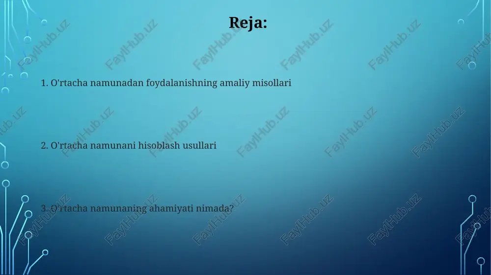 mi katta bo'lishi muhim, chunki 100 ta o'lchamdan kam bo'lgan namuna o'rtachasi haqiqiy populyatsiya o'rtacha qiymatini yetarlicha aniq aks ettirmasligi mumkin. o'rtacha namunani hisoblashda, tashqi qiymatlarni (outliers) olib tashlash kerak, chunki ular o'rtacha ko'rsatkichni sezilarli darajada buzishi va noto'g'ri xulosalarga olib kelishi mumkin. o'rtacha namunaning asosiy afzalliklari o'rtacha namuna 95% ishonch oralig'ida populyatsiya parametrini taxmin qilish uchun juda muhim, chunki u xatolikni kamaytiradi. o'rtacha namuna yordamida olingan natijalar, 0.05 ahamiyatlilik darajasida, gipotezalarni sinash va qaror qabul qilish uchun asos bo'ladi. kirish: o'rtacha namuna nima? o'rtacha namunada 30 dan ortiq kuzatuvlar bo'lishi kerak, bu markaziy limit teoremasi bo'yicha taqsimotning normalligini ta'minlaydi va statistik xatolikni kamaytiradi. o'rtacha namuna eksperimentning har bir guruhi uchun tipik vakil bo'lgan xususiyatlarga ega bo'lishi, natijalarning 95% ishonchli bo'lishini ta'minlaydi. xatolikni kamaytirish xatolikni kamaytirish uchun namunaning hajmini oshiring, chunki katta namunalar populyatsiyaning haqiqiy qiymatini aniqroq aks ettirib, 95% ishonch intervalini qisqartiradi. stratifikatsiyalangan namunalar yordamida xatolikni kamaytiring: populyatsiyani kichik …