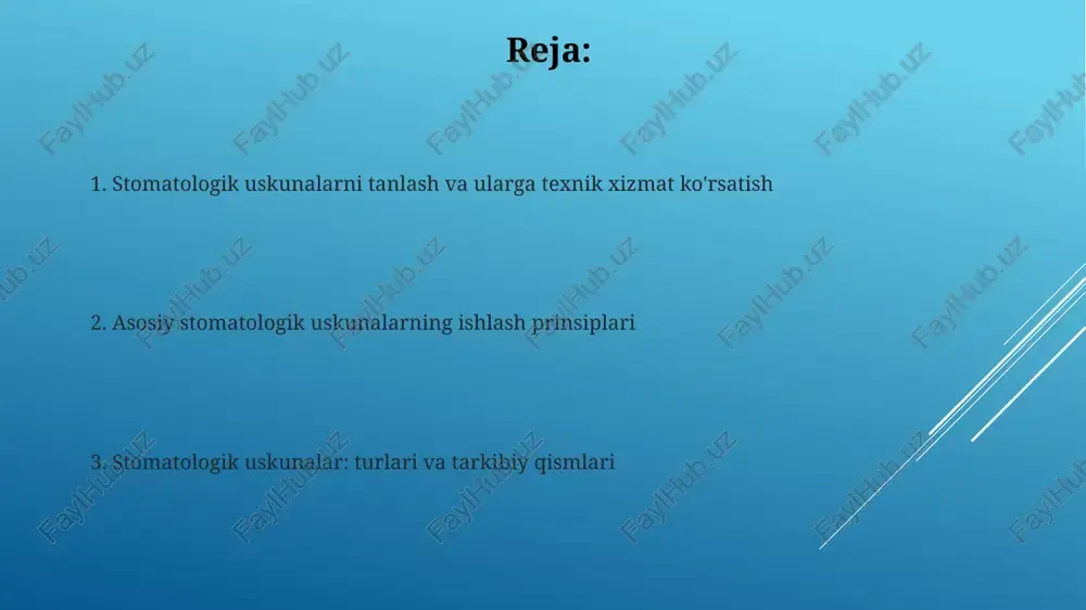 truktsiyasi odatda bir nechta tokchalarni o'z ichiga oladi, ularning joylashuvi o'zgaruvchan bo'lishi mumkin. shuningdek, u 180 darajagacha ochiladigan germetik eshiklarga ega bo'lishi kerak. arzimas asboblar shkaflari sterilizatsiya qilingan asboblarning saqlash muddatini uzaytiradi va ularni ifloslanishdan himoya qiladi. ular turli o'lchamda bo'ladi, odatda 80 sm dan 180 sm gacha balandlikda ishlab chiqariladi. kirish stomatologik kreslo, bemorni qulay joylashtirish uchun mo'ljallangan. uning gidravlik tizimi, vrachga ish jarayonini optimallashtirish uchun kerakli pozitsiyani tanlash imkonini beradi. rentgen apparati, tishlar va jag' suyaklarining tasvirlarini olish uchun ishlatiladi. ushbu apparat, karies, infektsiya va boshqa patologiyalarni aniqlashga yordam beradi. profilaktika uskunalari og'iz bo'shlig'ini parvarishlash vositalari, masalan, tish ipi 0,05 mm dan 0,08 mm gacha bo'lgan diametrga ega bo'lib, interdental sohalarni tozalash uchun mo'ljallangan. professional gigiena uchun ishlatiladigan havo-abraziv qurilmalar natriy bikarbonat zarralarini suv va havo oqimi bilan aralashtirib, 60-80 psi bosim ostida ishlaydi. kompressorlar: havo ta'minoti tizimi kompressorlar tish kabinetlarida 5-8 bar atrofida siqilgan havo hosil qilib, …