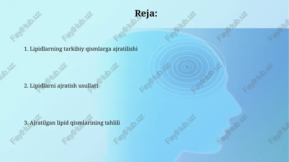 raksiyalarining miqdoriy tahlili uchun 10^-12 gramm darajasidagi miqdorni aniqlash imkonini beradi. gaz xromatografiyasi (gc) lipidlarni uchuvchi hosilalarga aylantirishni talab qiladi, odatda yog 'kislotalari metil efirlari (fames), 40 dan 400 g/mol gacha bo'lgan molekulyar og'irlikdagi komponentlarni ajratish uchun. fraksiyalash usullari yog' kislotalarini metil efirlarga aylantirish, gaz xromatografiyasi-mass spektrometriyasi (gc-ms) uchun muhim qadam. bu transesterifikatsiya jarayoni kislota yoki asos katalizatorlari ishtirokida amalga oshiriladi. sovunlash jarayoni triglitseridlarni gidrolizlab, glitserin va yog 'kislotalari tuzlarini (sovun) hosil qiladi. yuqori harorat va ishqoriy katalizatorlar reaktsiya tezligini oshiradi. 17-18 asrlarda keng qo’llanilgan. mass-spektrometriya (ms) ms/ms (tandem mass-spektrometriya) lipid fragmentlarini aniqlaydi, bu esa 18:1 yoki 20:4 kabi yog 'kislotalari pozitsiyasi va qo'sh bog' joylashuvini aniqlashda muhim ahamiyatga ega. mass-spektrometriya lipidlarni aniqlashda molekulyar og'irlik asosida ionlarni ajratish orqali ishlaydi, shu bilan turli yog 'kislotalari va lipid turlarini aniqlashga yordam beradi. esterifikatsiya: lipid hosil bo'lish jarayoni lipid hosil bo'lish jarayonida esterifikatsiya asil-koa (coa) molekulalarini glitserin-3-fosfatga o'tkazish orqali amalga oshiriladi; bu …