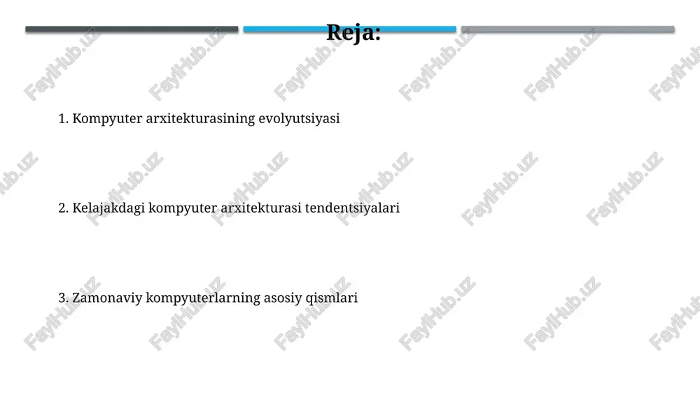 orlar ko'pincha risc (reduced instruction set computing) arxitekturasidan foydalanadi, bu esa 32 yoki 64 bitli oddiy ko'rsatmalarni bajarish orqali tezroq ishlashga imkon beradi. ko'p yadroli protsessor arxitekturasi bir nechta mustaqil hisoblash yadrolarini bitta chipga joylashtiradi, bu esa parallel ravishda bir nechta vazifalarni bajarish orqali unumdorlikni oshiradi. kirish odatda, "kirish" 8, 16 yoki 32 bitli ma'lumotlarni bir vaqtning o'zida qayta ishlash uchun mo'ljallangan bo'lishi mumkin, bu uning ish unumdorligiga ta'sir qiladi. "kirish" kompyuter arxitekturasida ma'lumotlar yoki ko'rsatmalarni olib, ular ustida amallarni bajaruvchi protsessorning old qismi hisoblanadi. xulosa kelajakda kvant kompyuterlari va neyromorf arxitekturalari 100 barobar tezroq ishlash imkoniyatini beradi va sun'iy intellekt, biotexnologiya kabi sohalarda yangi imkoniyatlar yaratadi. xulosa shuni ko'rsatadiki, zamonaviy kompyuterlar murakkab arxitektura va 10 milliardlab tranzistorlarni o'z ichiga olgan mikrosxemalarga tayanadi, bu esa tezkor ishlashni ta'minlaydi. e'tiboringiz uchun rahmat image2.jpg image3.jpg image4.jpg image5.jpg image6.jpg image7.jpg image8.jpg