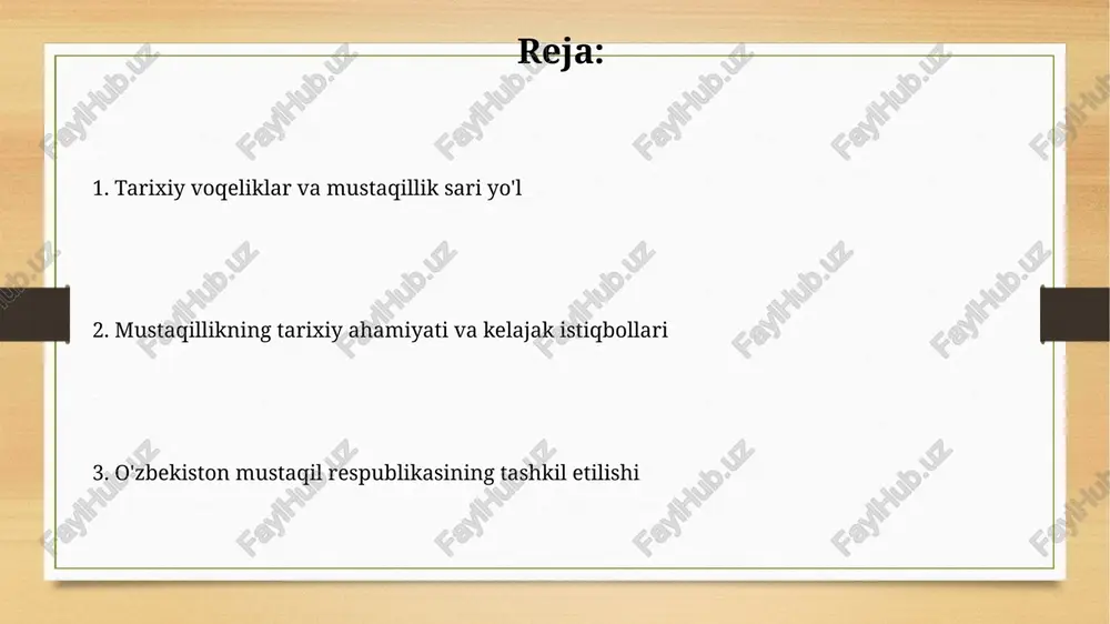 tlar mustaqillikning ilk yillarida o'zbekiston iqtisodiyoti 1990-yillardagi inqirozlar tufayli qiyinchiliklarga duch keldi, ayniqsa qishloq xo'jaligi va sanoatda sezilarli pasayish kuzatildi. o'zbekiston 1992-yilda bmtga a'zo bo'lishi xalqaro hamjamiyat tomonidan tan olinishiga turtki bo'ldi, shu bilan birga tashqi siyosiy va iqtisodiy aloqalarni o'rnatish vazifasi turdi. davlat tuzilishi va siyosiy tizimning shakllanishi oliy majlis ikki palatali parlament sifatida tashkil etildi (2004-yil). bu qonun chiqaruvchi jarayonning samaradorligini oshirish va vakillikni kengaytirishga yordam berdi. o'zbekiston respublikasining konstitutsiyasi 1992-yil 8-dekabrda qabul qilindi, davlat hokimiyatining bo'linishi tamoyilini – qonun chiqaruvchi, ijro etuvchi va sud hokimiyatini mustahkamladi. iqtisodiy islohotlar va bozor munosabatlariga oʻtish 1994-yildan boshlab makroiqtisodiy barqarorlashtirish dasturi doirasida davlat subsidiyalari kamaytirilib, narxlar liberallashtirildi. bu qishloq xo'jaligi mahsulotlari narxlariga ham ta'sir ko'rsatdi. 1996-yildan bank sektorida islohotlar boshlanib, banklarning kapitallashuv darajasi oshirildi. bu xalqaro standartlarga muvofiq bank faoliyatini tashkil etishga qaratilgan edi. oʻzbekistonning xalqaro maydondagi oʻrni 2017-yildan boshlab oʻzbekiston markaziy osiyo davlatlari bilan oʻzaro savdo hajmini 50%ga oshirishni maqsad …