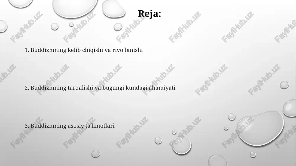 bodhisattva idealini ilgari suradi, barcha tirik mavjudotlarga rahm-shafqat ko'rsatish orqali ularning ozod bo'lishiga yordam berishni maqsad qiladi. teravada buddizmi buddizmning eng qadimgi yo'nalishi bo'lib, pali kanoniga asoslangan va arhat darajasiga erishish orqali shaxsiy ozodlikni ta'kidlaydi. vajrayana buddizmi, shuningdek, tantrik buddizm sifatida ham tanilgan, tezkor ma'rifatga erishish uchun tantra amaliyotlari, yoga va maxfiy marosimlardan foydalanadi. kirish: buddizmga qisqacha nazar buddizmning asosiy g'oyasi - bu azob-uqubatlar mavjudligi, uning sababi istak, azob-uqubatlarni to'xtatish mumkinligi va bunga 'nirvana'ga erishish orqali 'sakkiz qismli yo'l' bilan erishish mumkinligi haqidagi tushunchadir. buddizm miloddan avvalgi vi asrda hindistonda siddhartha gautama tomonidan asos solingan. u azob-uqubatlardan xalos bo'lish yo'lini o'rgatgan 'to'rt oliy haqiqat' ta'limotini ishlab chiqdi. kirish, odatda, buddaning hayoti bilan boshlanadi, uning shahzodalikdan voz kechishi, ma'rifatga erishishi va keyin esa 'sakkiz qismli yo'l' orqali ko'rsatilgan diniy amaliyotdir. buddizmning kelib chiqishi va tarixiy budda budda o'z ta'limotini 'to'rt aziz haqiqat' va 'sakkiz yo'lli yo'l' orqali ifodalab, azobdan xalos bo'lish …