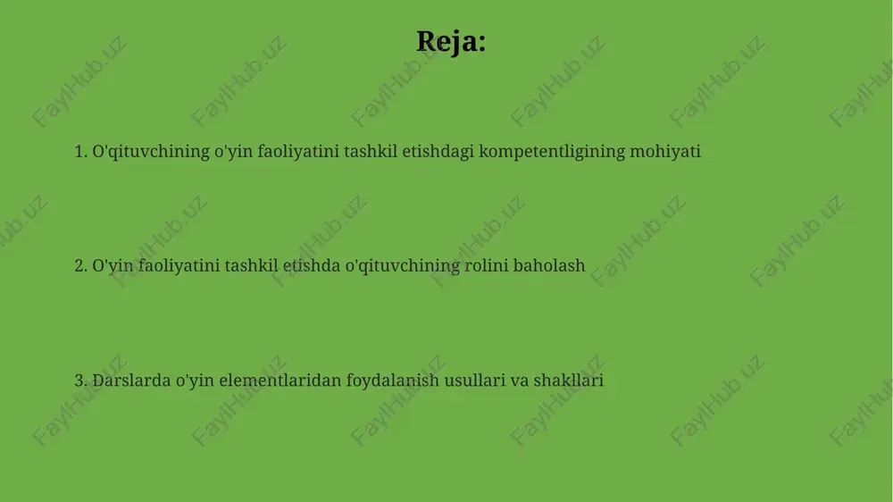 atini baholashda 3 asosiy mezon: ishtirok etish darajasi, ijtimoiy ko'nikmalar namoyishi va vazifani bajarish sifati kabi ko'rsatkichlar inobatga olinadi. o'yin baholashda faqatgina yakuniy natijaga emas, balki jarayonga ham e'tibor qaratish muhim. bunda, kuzatuv, suhbat va ishtirok etish kabi usullar qo'llaniladi. baholash natijalari o'quvchilarning qiziqishlarini aniqlash va o'yinlarda duch kelayotgan qiyinchiliklarni tushunishga yordam beradi hamda pedagogik yondashuvni moslashtiradi. kirish pedagogning o'yin faoliyatini tashkil etish mahorati, o'quvchilarning 7 xil intellektual qobiliyatlarini rivojlantirishga xizmat qilishi muhim omil hisoblanadi. o'qituvchining kompetensiyasi 21-asr talablariga mos ravishda o'yin orqali ta'lim berish metodikasi bilan bog'liq ekanligi 10 ta asosiy yo'nalishda o'rganiladi. kirishda dars jarayonida o'yin faoliyatini tashkil etishning pedagogik ahamiyati 100-yillik tarixga ega ekanligi ta'kidlanadi. o'qituvchining o'yinni tashkil etish bo'yicha kompetensiyalari o'yinni tashkil etishda pedagog 7 asosiy tamoyilga amal qilishi shart, jumladan, bolalar xavfsizligi, ixtiyoriylik va o'yin qoidalariga rioya qilish muhim. o'qituvchi o'yinlarni loyihalashda steam yondashuvidan foydalanishi mumkin, bu esa fan, texnologiya, muhandislik, san'at va matematikani integratsiyalashni …