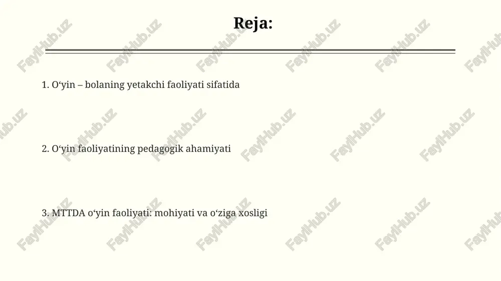 larini oshiradi. mttda o'yin faoliyati orqali bolalar 1-sinfga tayyorlanadilar, chunki o'yin ularning diqqatini jamlash, qoidalarga rioya qilish va topshiriqlarni bajarish qobiliyatini shakllantiradi. o'yinning bolalar rivojiga ta'siri ijtimoiy o'yinlar bolalarga 2 yoshdan boshlab tengdoshlari bilan munosabat o'rnatish, hamkorlik qilish va nizolarni hal qilish ko'nikmalarini o'rgatadi. o'yin davomida bolalar motorik qobiliyatlari 15-25% ga yaxshilanadi, harakatlarni muvofiqlashtirish, mushaklarni rivojlantirish va jismoniy faollikni oshirishga yordam beradi. o'yin bolaning kognitiv rivojlanishiga katta ta'sir ko'rsatadi, jumladan muammolarni yechish qobiliyatini 30-40% ga oshiradi va ijodiy fikrlashni shakllantiradi. o'yin faoliyatida pedagogning roli o'qituvchi o'yinning maqsadi va vazifalarini tushuntiradi, 3-5 yoshli bolalarga o'yin qoidalarini etkazish orqali ularning ijodiy qobiliyatini oshiradi. pedagog o'yin jarayonida 1978 yildagi tadqiqotlarga ko'ra, bolaning erta rivojlanishida asosiy rol o'ynaydi, bolaning faoliyatini kuzatib, yo'nalish beradi. pedagog o'yinni tashkil etishda 2 xil usuldan foydalanadi: bevosita va bilvosita. masalan, bevosita usulda o'zi qatnashsa, bilvositada faqat kuzatadi. o'yin - bolaning asosiy faoliyati sifatida o'yin davomida bolalar 5 asosiy ko'nikmani …