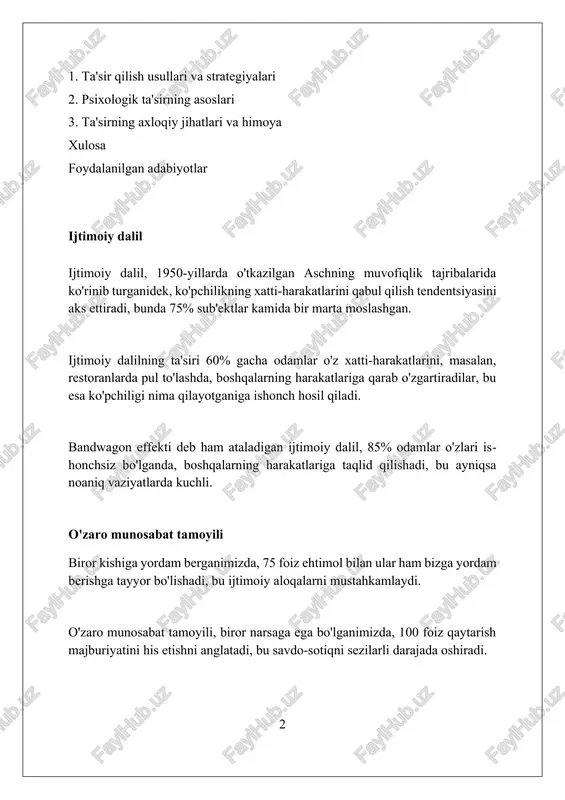 obro'si, maqsadning aniqligi va 3 ta asosiy kommunikatsiya kanali (verbal, noverbal va paraverbal) orqali yetkazish sifatiga bog'liq. psixologik ta'sirning asosiy maqsadi – odamlarning munosabatini o'zgartirish orqali ularning xatti-harakatlariga yo'nalish berish, bunda axloqiy me'yorlarga rioya qilish va manipulyatsiyadan qochish juda muhimdir. psixologik ta'sir – bu bir shaxsning fikrlash, his qilish va xatti-harakatlariga boshqa shaxs tomonidan maqsadli ta'sir o'tkazish jarayoni, bunda 7 asosiy usul qo'llaniladi. kamchilik printsipi kamchilik printsipi, 1975-yilda amalga oshirilgan tadqiqotlarga ko'ra, odamlar kam bo'lgan narsalarni qimmatliroq deb bilishadi, bu esa talabni oshirib, sotuv hajmini 22% gacha ko'paytirishi mumkin. psixologik ta'sirning bu turi, 2-tur fikrlashga bog'liq bo'lib, odamlarni resurslarning kamligi haqida o'ylashga va zudlik bilan harakat qilishga undaydi, bunda qaror qabul qilish 30% gacha tezlashishi mumkin. agar mahsulotning 'cheklangan nashri' yoki 'oxirgi imkoniyat' ekanligi ta'kidlansa, kamchilik printsipi ishga tushadi, bu xaridorlarning 45% dan ortig'ini sotib olishga undashi mumkin. fokuslash samarasi daniel kaneman ta'kidlashicha, fokuslash samarasi qanday qilib bizning umumiy baholashimizga …