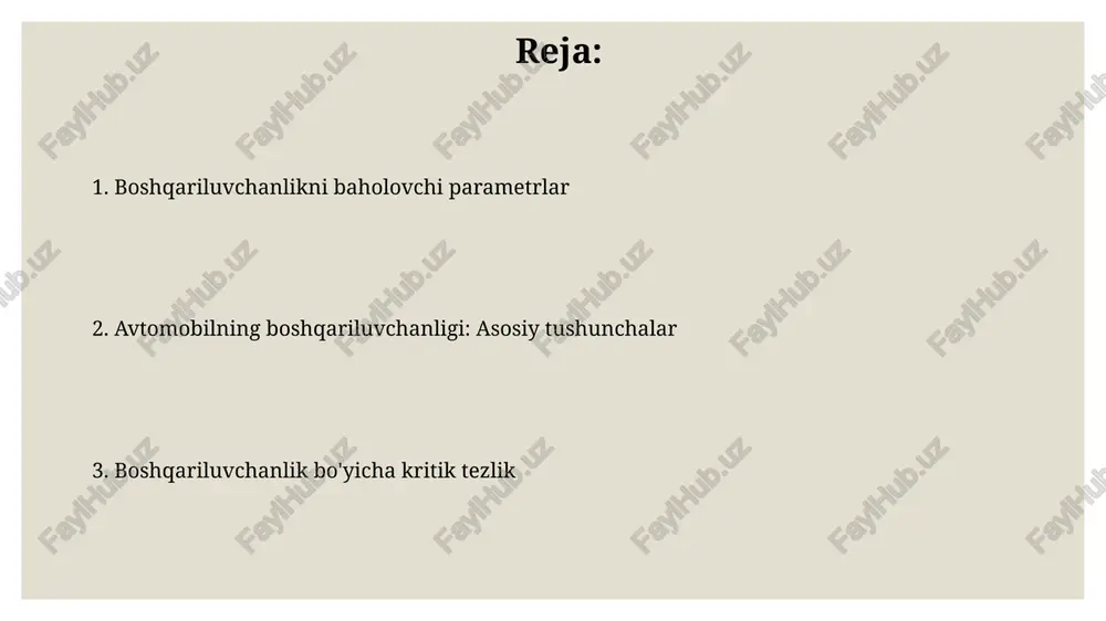 m/soatgacha tezlanishda muhim. yaxshi boshqariluvchanlik transport vositasining barqarorligini ta'minlaydi va haydovchiga optimal traektoriyani ushlab turishga yordam beradi. optimal boshqaruv 0.8-0.9 g tezlanishga erishish imkonini beradi. boshqariluvchanlikni baholovchi parametrlar lateral tezlanish chegarasi avtomobilning boshqaruvchanligini aniqlaydi. odatda 0.8 g dan yuqori ko'rsatkichlar yaxshi boshqaruvchanlikni ko'rsatadi, bu burilishlarda barqarorlikni ta'minlaydi. burilish radiusi boshqaruvchanlikni baholashda muhim: kichik burilish radiusi 15 metrdan kam bo'lsa, yuqori manevr qobiliyatini anglatadi, ayniqsa shahar sharoitida qulaylik yaratadi. boshqariluvchanlikni baholovchi parametrlar stabilizatorning samaradorligi - bu transport vositasining barqarorligini saqlash qobiliyatidir, bu ko'pincha 0 dan 1 gacha bo'lgan o'lchov bilan baholanadi, 1 maksimal samaradorlikni ko'rsatadi. yon sirpanish burchagi - bu mashinaning harakat yo'nalishi va uning yo'nalishi o'rtasidagi burchak bo'lib, yuqori qiymatlar boshqaruvchanlik pasayganligini anglatadi va odatda darajalarda o'lchanadi. avtomobilning boshqariluvchanligi: asosiy tushunchalar boshqariluvchanlik avtomobilning yo'l bilan o'zaro ta'siri, shinalarning tutashishi va suspenziya sozlamalariga bog'liq. stabilizatorlar 15-30% gacha rolni kamaytirib, boshqaruvni yaxshilaydi. avtomobilning boshqariluvchanligi nafaqat xavfsizlikni, balki haydash qulayligini ham ta'minlaydi. bunga …