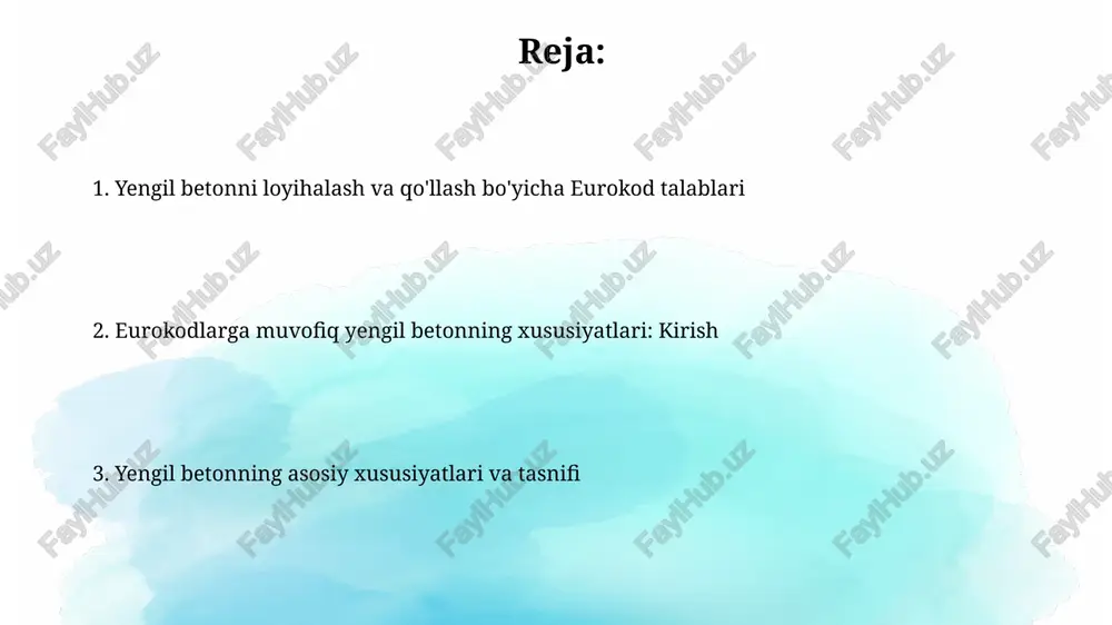 o'z ichiga oladi, bu og'irlikni kamaytiradi. yengil beton tarkibidagi suv-tsement nisbati odatda 0.4 dan 0.6 gacha bo'ladi, bu qattiqlashish va mustahkamlikni ta'minlash uchun muhim, eurocode standartlariga muvofiq sifatni nazorat qilish kerak. loyihalash ko'rsatmalari eurocode 2 qoidalari engil betonning mustahkamligi, elastiklik moduli va boshqa mexanik xususiyatlarini hisobga olgan holda, konstruksiyalarni loyihalashda foydalanish uchun qo'llaniladi. engil betonning loyihalash ko'rsatmalari en 1992-1-1:2004 (eurocode 2) da keltirilgan bo'lib, unda zichligi 2200 kg/m³ dan kam bo'lgan betonlar uchun maxsus talablar va ko'rsatmalar mavjud. mexanik xususiyatlar (mustahkamlik, elastiklik moduli) yengil betonning bosimga mustahkamligi odatda 12 mpa dan 50 mpa gacha bo'ladi, bu esa zichligi yuqori betonlarga nisbatan pastroq ko'rsatkich hisoblanadi, ammo yetarli konstruktiv quvvatni ta'minlaydi. eurocode 2 bo'yicha yengil betonning mustahkamligi va elastiklik moduli klassifikatsiyasi uning zichligiga asoslanadi, lc12/13 dan lc50/55 gacha bo'lgan sinflar mavjud bo'lib, bu uning mexanik xususiyatlarini aniqlaydi. kirish kirishning eurocode talablari doirasida yengil betonning xususiyatlariga ta'siri zichlik koeffitsientini (γf) aniqlashda muhim rol …