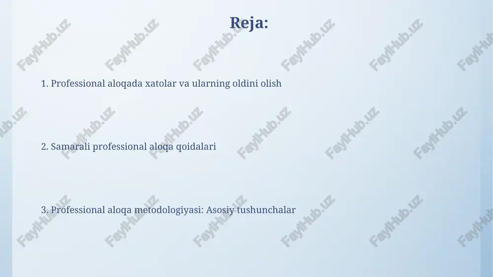 hurmat qiling, jargonlardan qoching va aniq, qisqa gaplardan foydalaning. 3-5 asosiy fikrni taqdim etish, esda qolishga yordam beradi. nizolarni hal qilish nizolarni hal qilishda 7 bosqichli modeldan foydalanish, muzokaralar, vositachilik va arbitraj kabi usullarni qo'llash, tomonlarning manfaatlarini muvozanatlashni o'z ichiga oladi. empatiya, faol tinglash va konstruktiv fikr-mulohaza kabi 5 asosiy kommunikatsiya ko'nikmalarini rivojlantirish, nizolarni hal qilish samaradorligini 30 foizga oshirishi mumkin. savol berish texnikalari yopiq savollar 'ha' yoki 'yo'q' javobini talab etadi, tezkor tasdiqlash yoki aniqlik kiritish uchun foydali, lekin suhbatda 80/20 qoidasiga rioya qilish lozim. ochiq savollar 5w1h (who, what, when, where, why, how) yordamida ma'lumot olishga qaratilgan bo'lib, batafsil javoblar olish va suhbatni rivojlantirish uchun juda muhimdir. uchrashuvlarni boshqarish uchrashuv kun tartibini 24-48 soat oldin tarqating, unda aniq maqsadlar, vaqt ajratish va har bir ishtirokchi uchun tayyorgarlik vazifalari aks etsin. uchrashuvlarda 7+/-2 qoidasiga amal qilish kerak: odamlarning qisqa muddatli xotirasi 5 dan 9 gacha elementni saqlab qoladi, muhim …