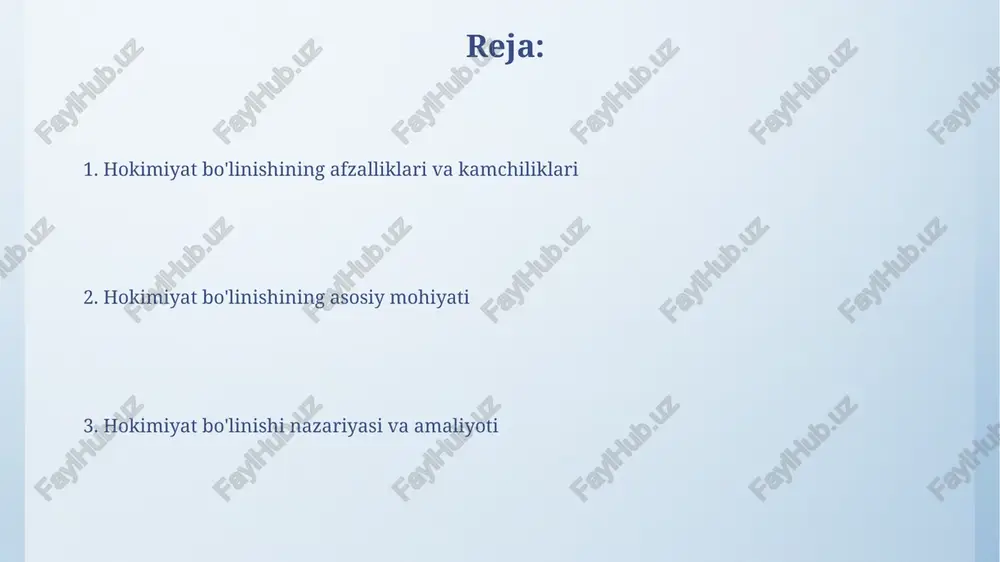 hqari to'planishining oldini olish, shu orqali fuqarolarning huquqlari va erkinliklarini himoya qilishdan iboratdir. tiyib turish va muvozanat tizimi har bir hokimiyat tarmog'iga boshqa tarmoqlarning harakatlarini ma'lum darajada cheklash yoki o'zgartirish imkonini beruvchi vakolatlarni beradi. qonun chiqaruvchi hokimiyat: vakolatlari va vazifalari oliy majlisning qonunchilik palatasi va senati qonun loyihalarini ko'rib chiqadi, muhokama qiladi hamda qonun qabul qilish jarayonida 10 dan ortiq bosqichlardan o'tadi. parlament hukumat faoliyatini nazorat qilish vakolatiga ega bo'lib, bu vakolat deputat so'rovlari, hisobotlarni tinglash va 25 foiz ovoz bilan ishonchsizlik votumini bildirish orqali amalga oshiriladi. hokimiyat bo'linishi tamoyilining buzilishi oqibatlari hokimiyat bo'linishining buzilishi fuqarolarning huquqlarini 45% ga cheklaydi, noroziliklar kuchayadi va siyosiy beqarorlik 2 barobar ortadi. hokimiyat bo'linishi buzilishi natijasida 1980-1990-yillarda totalitar tuzumlar kuchayib, siyosiy erkinliklar 50% ga qisqarishi kuzatildi, natijada iqtisodiy o'sish sekinlashdi. hokimiyat bo'linishi mohiyati konstitutsiyaviy nazorat orqali cheklovlar va muvozanatlar tizimi, hokimiyat suiste'mol qilinishining oldini oladi va fuqarolarning huquqlarini himoya qiladi. ushbu bo'linishning asosiy maqsadi …