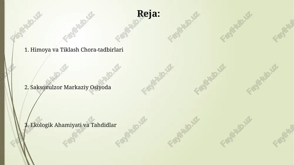 larni tiklashning samarali usullarini aniqlashga, mahalliy jamoalar ishtirokini ta'minlashga va hududning biologik xilma-xilligini saqlashga qaratilgan. mahalliy aholining roli an’anaviy chorvachilik bilan shug‘ullanuvchi aholi 30% kamroq sa’at-taraxtzorlarga zarar yetkazish uchun chorva mollarini rotatsiya qilib boqish tizimini qo‘llaydi. o‘rmon xo‘jaligi bilan shug‘ullanuvchi mahalliy oilalar yiliga 200 kg dan ortiq dorivor o‘simliklarni yig‘ib, o‘rmon resurslaridan barqaror foydalanishga erishadi. kirish kirish saksovul o'rmonlarida 150 dan ortiq o'simlik turlari va turli xil hayvonlar, jumladan, jayron gazellari (gazella subgutturosa) yashaydi, bu esa ularning ekologik ahamiyatini ko'rsatadi. qizilqum cho'lining shimoliy-g'arbiy qismida joylashgan kirish hududi saksovul o'rmonlari uchun muhim qo'riqlanadigan hudud hisoblanadi, bu yerda biologik xilma-xillikni saqlash maqsadida chorvachilik cheklangan. muhofaza qilish choralari 2008-yilda qabul qilingan 195-sonli qarorga ko'ra, saksavul plantatsiyalari degradatsiyaga uchragan yerlarda 100 gektardan kam bo'lmagan maydonda qayta tiklanishi lozim. saksavulzorlarni muhofaza qilish choralari orasida 1997-yildagi 410-sonli o'zbekiston respublikasi vazirlar mahkamasining qarori bilan tasdiqlangan maxsus tartib mavjud. saksovul o'rmonlari: umumiy tavsif ushbu o'rmonlar asosan qora saksovul …