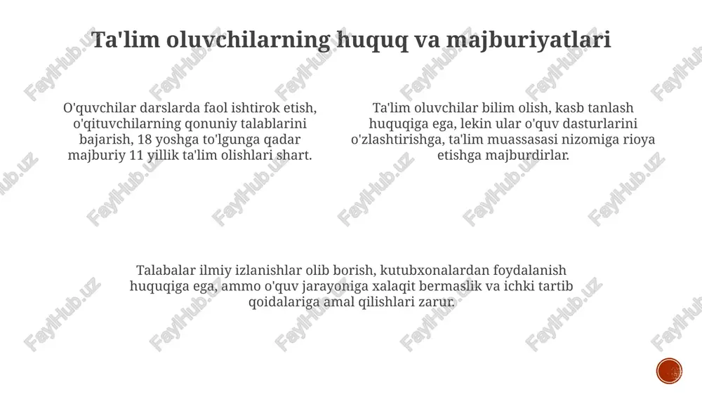 i kafolatlaydi. ta'lim kreditlari, jumladan 7 yillik muddatga beriladigan imtiyozli foizli kreditlar, talabalarga o'qish xarajatlarini qoplashga yordam beradi va ta'lim olish imkoniyatini oshiradi. xususiy ta'lim muassasalari soliq imtiyozlariga ega bo'lishi mumkin, masalan, foyda solig'idan 50% gacha chegirma, bu investitsiyalarni rag'batlantiradi va raqobatni kuchaytiradi. ta'lim tashkilotlari ta’lim tashkilotlari litsenziya asosida faoliyat yuritadi, litsenziya talablari o'zbekiston respublikasi vazirlar mahkamasi tomonidan belgilangan 61-sonli qaror bilan tartibga solinadi. oliy ta’lim tashkilotlari bakalavriat (4 yil) va magistratura (2 yil) dasturlarini taklif etadi, shuningdek, doktorantura (3-4 yil) bosqichida ilmiy kadrlar tayyorlaydi. maktabgacha ta’lim tashkilotlarida bolalar 3 yoshdan 7 yoshgacha tarbiyalanadi, bu ularning boshlang'ich ta'limga tayyorgarligini ta'minlaydi. pedagog xodimlarning huquq va majburiyatlari pedagog xodimlar o'z kasbiy sha'ni va qadr-qimmatini himoya qilish huquqiga ega. shuningdek, ular ta'lim muassasasi boshqaruvida qatnashish imkoniyatiga ham egadir. pedagog xodimlar dars jarayonida 5 nafardan kam bo'lmagan o'quvchilar guruhlariga shaxsiy o'quv dasturlarini tatbiq etish huquqiga ega, faoliyatni qonuniy amalga oshirish shart. pedagoglar o'quvchilarga nisbatan …