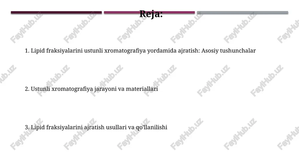 sh koeffitsientlarining farqiga asoslanadi, bu esa ajratishning samaradorligiga ta'sir etuvchi muhim omildir. kolonkali xromatografiya, aralashmalarni ajratish uchun statsionar faza (sorbent) bilan to'ldirilgan kolonnadan foydalanadi, analitlar esa mobil faza orqali o'tadi, turli affinlikka asoslangan ajratishni ta'minlaydi. ma'lumotlarni qayta ishlash mass-spektrometriya ma'lumotlarini qayta ishlash molekulyar og'irlik va izotopik naqshlarni aniqlash uchun spektrlarni dekonvolyutsiyalashni talab qiladi, aniqlikni ta'minlash uchun tuzatishlar kiritiladi. kromatogrammalarni qayta ishlash cho'qqilarning maydonlarini integratsiyalashni, kalibrlash egri chiziqlari orqali konsentratsiyalarni aniqlashni va analit sifatini baholash uchun signallarni optimallashtirishni o'z ichiga oladi. tahlil usullari (tlc, gc, ms) yupqa qatlamli xromatografiya (tlc) lipidlarni qutbliligiga ko'ra ajratadi, rf qiymatlari 0 dan 1 gacha bo'lgan har bir lipid fraktsiyasi uchun xarakterli bo'ladi, bu esa sifat tahlilini osonlashtiradi. gaz xromatografiyasi (gc) uchuvchan lipid hosilalarini ajratadi va miqdoriy aniqlash uchun ishlatiladi, odatda alohida yog' kislotalari turlarini ajratish va aniqlash uchun 400°c gacha ishlaydi. kirish kirishda, odatda, kolonkali xromatografiya usullarining asosiy afzalliklari va cheklovlari haqida ma'lumot beriladi, masalan, …