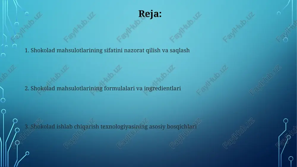larining bir nechta turlari mavjud, masalan, rulolar, aylanma va sferik konkillar; har bir tur har xil shear tezligi va aralashtirish intensivligini ta'minlaydi, bu esa yakuniy mahsulotga ta'sir qiladi. kakao loviyalari: manbalar va xususiyatlar urug'dorlik darajasi va genetik xususiyatlar kakao loviyalarining asosiy xususiyatlaridan biri hisoblanadi; bu xususiyat hosildorlikka va ta'm sifatiga ta'sir etuvchi muhim omildir. kakao loviyalarida 50-57% yog' (kakao moyi), 15% gacha kraxmal, 8% oqsil va 1-2% teobromin mavjud; bu tarkib yakuniy mahsulot sifatiga ta'sir etadi. shokolad turlari oq shokolad tarkibida umuman kakao massasi bo'lmaydi, faqat kakao moyi, shakar va sut mahsulotlari bo'ladi; bu unga o'ziga xos vanil ta'mini beradi. sutli shokolad tarkibida 10-50% kakao massasi, shakar va sut mahsulotlari (sut kukuni yoki quyultirilgan sut) mavjud bo'lib, bu unga yumshoq va shirin ta'm beradi. shokolad ishlab chiqarish jarayoni quruq massa (kakao va shakar) miqdori kamida 35% bo'lgan shokoladlar yuqori sifatli hisoblanadi. tarkibida kakao yog'i 18% dan kam bo'lsa, shokoladga qo'shimcha …