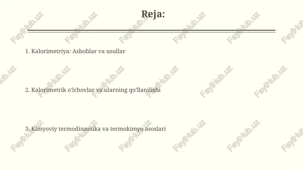 allashtirish va xavfsizlik parametrlarini aniqlashga yordam beradi. kalorimetriyada xatoliklar va ularni kamaytirish kalorimetrik eksperimentlarda moddaning to'liq reaksiyaga kirishmasligi 1-3% xatolikka olib kelishi mumkin. bunga reaksiyaga kirishuvchi moddalarni yaxshilab aralashtirish orqali erishiladi. kalorimetrning issiqlik sig'imini aniqlashda 0.5-1% xatolik bo'lishi mumkin. bu xatolikni kamaytirish uchun etalon moddalar bilan aniq o'lchovlar o'tkazish zarur. standart hosil bo'lish issiqligi va hess qonuni hess qonuni reaksiyaning entalpiya o'zgarishi faqat boshlang'ich va yakuniy holatlarga bog'liq bo'lib, oraliq bosqichlarga bog'liq emasligini ta'kidlaydi. reaksiya entalpiyasini hisoblash uchun hess qonuni standart hosil bo'lish issiqliklaridan foydalanadi: δhreaksiya = σnδhf(mahsulotlar) - σnδhf(reagentlar), bu yerda n - stoikometrik koeffitsient. kalorimetrlar turlari izolyatsiyalangan kalorimetrlarda reaksiya issiqligi o'lchanadi, bunda sistemadan atrof-muhitga issiqlik almashinuvi minimal darajada bo'ladi. masalan, oddiy qahva stakanli kalorimetrlar shunga misol bo'la oladi. differensial skanerlovchi kalorimetriya (dsc) materialning issiqlik oqimini haroratning funksiyasi sifatida o'lchaydi, bu fazoviy o'tishlar, erish nuqtalari va reaktsiya kinetikasini aniqlashga yordam beradi. kalorimetrik o'lchovlar: tamoyillar va uslublar kalorimetriyada izotermik titrlash …