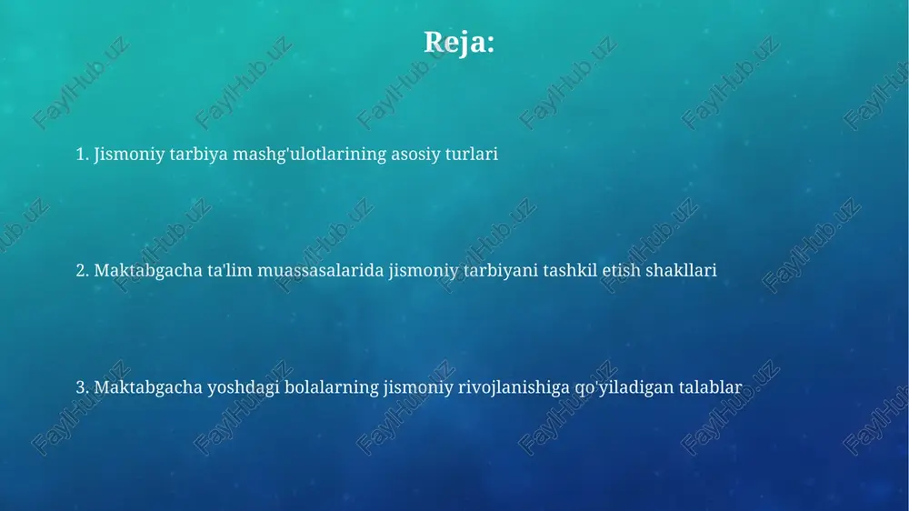 , masalan, 'ota-onalar va bolalar uchun mashg'ulotlar' dasturi orqali, 15-20 daqiqa davomida faoliyatni baham ko'rish. ota-onalar uchun 'sog'lom turmush tarzi' mavzusida seminar-treninglar tashkil etiladi. bu treninglarda ular bolaning jismoniy faolligi uchun 5 muhim maslahat olishlari mumkin. jismoniy tarbiya uchun shart-sharoitlar yaratish sport zallari va maydonchalarni sanitariya-gigiyena talablariga muvofiq saqlash, ularni har kuni kamida 2 marta dezinfeksiya qilish va havalandırib turish, bolalar salomatligini taʼminlashning muhim omilidir. har bir guruhda 2 nafardan jismoniy tarbiya boʻyicha malakali instruktorlar boʻlishi kerak, ular har bir bolaning 3-5 yosh orasidagi individual rivojlanish xususiyatlarini hisobga olgan holda mashgʻulotlarni oʻtkazadilar. ochiq havoda o'yinlar "ochiq havoda o'yinlar" bolalarning harakatchanligini 30-40% ga oshiradi, ularning jismoniy rivojlanishini jadallashtiradi, immunitetini kuchaytiradi va shamollash xavfini kamaytiradi. ochiq havoda o'yinlarda 3-5 yoshli bolalar uchun mo'ljallangan "qushlar uchishi", "qo'l to'pi bilan o'ynash" kabi harakatli o'yinlar eng samarali bo'lib, ularning motorika qobiliyatlarini rivojlantiradi. jismoniy tarbiya daqiqalari ushbu daqiqalar darsning o'rtasida o'tkazilib, bolalarning motor faolligini oshiradi, muskullarni …