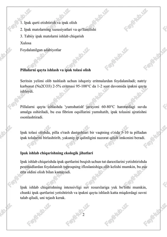 ikligi tufayli 20% gacha cho'zilishi mumkin, bu esa chidamlilikni oshiradi. ipak qurti biologiyasi va hayot sikli ipak qurti metamorfozining to'liq sikli tuxum, larva (qurt), g'umbak va imago (kattalar) bosqichlaridan iborat bo'lib, har biri o'ziga xos fiziologik xususiyatlarga ega. ipak qurti lichinkasi (qurt) beshta bosqichdan (yoshdan) o'tadi, har bir bosqich molt deb ataladi va bu davrda qurt o'zining tashqi qobig'ini tashlab, tez o'sadi. urgochi ipak qurti kapalaklari hayoti davomida 300 dan 500 tagacha tuxum qo'yishi mumkin, bu tuxumlar keyinchalik embrional rivojlanish uchun ma'lum harorat va namlikni talab qiladi. kirish kirish jarayonida pillalar qaynoq suvda qaynatiladi, bu seritsin deb ataladigan yopishqoq oqsilni eritadi va 800-1200 metrgacha boʻlgan uzun ipak tolalarini ochishga yordam beradi. kirish - ipak mato ishlab chiqarish jarayonini boshlash uchun zaruriy bosqich boʻlib, unda ipak qurti pillalaridan ipak tolalari ajratib olinadi va yigʻiladi. ipak ishlab chiqarishda kirish bosqichi juda muhim, chunki u ipak tolalari sifatini, mustahkamligini va keyinchalik matoning teksturasini …