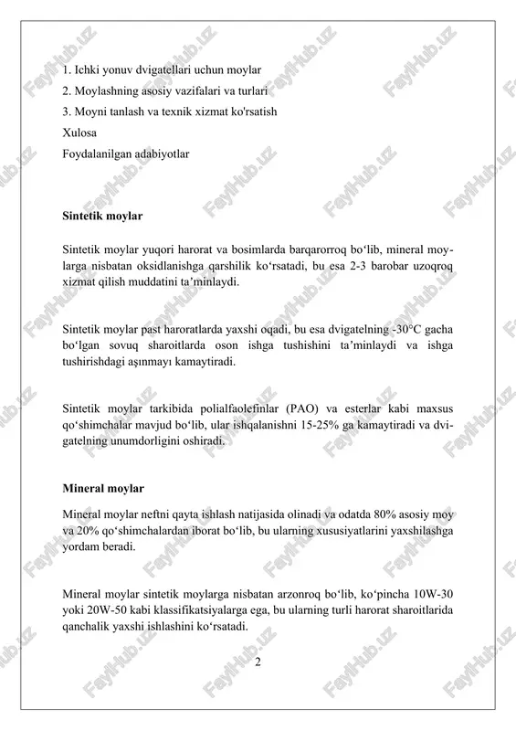 b, yuqori haroratlarda barqarorlikni ta'minlaydi va yog'ning oksidlanishini kamaytiradi. moyning asosiy xususiyatlari moyning asosiy vazifasi dvigatel qismlari orasidagi ishqalanishni kamaytirish, 70% gacha energiya yo'qotilishining oldini olish va dvigatelning ishlash muddatini sezilarli darajada uzaytirishdir. moy tarkibida yuvuvchi va dispersant qo'shimchalar mavjud bo'lib, ular ifloslantiruvchi moddalarni, masalan, uglerod qoldiqlarini to'xtatib turadi va ularni filtrga olib boradi, moylash tizimini toza saqlaydi. moy, shuningdek, dvigatel ichidagi issiqlikni o'zlashtiradi va uni tarqatadi, haddan tashqari qizib ketishning oldini oladi va dvigatelning optimal haroratda, odatda 80-100 daraja selsiyda ishlashini ta'minlaydi. moyni almashtirish intervali moy almashtirish intervali dvigatel turiga bog'liq, masalan, benzinli dvigatellar uchun odatda 7,500-10,000 km yoki 6-12 oy, dizel dvigatellar uchun esa 5,000-7,500 km tavsiya etiladi. sintetik moylar mineral moylarga nisbatan uzoqroq xizmat qiladi, chunki ularning parchalanishga chidamliligi yuqori. ular bilan moy almashtirish oralig'i 15,000 km dan oshishi mumkin. og'ir sharoitlarda haydash, masalan, qisqa masofalarga tez-tez qatnash, changli yo'llar yoki og'ir yuk bilan yurish moy almashtirish …
