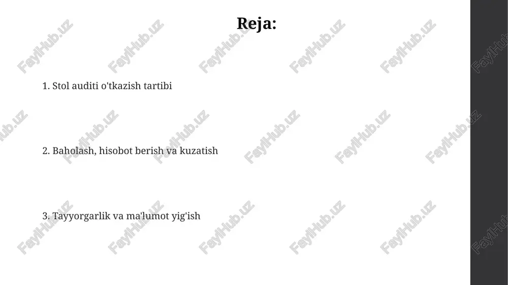 aviy hisobotlar, shartnomalar va bank ko'chirmalari kabi muhim biznes jarayonlarini aks ettiruvchi barcha original nusxalar to'planadi. hujjatlarni yig'ishda, 2018-yilgi audit qoidalariga muvofiq, xodimlarning ish haqi qaydnomalari, soliq deklaratsiyalari va inventarizatsiya ma'lumotlari kabi qonuniy talablarga javob beradigan hujjatlarga e'tibor qaratish lozim. desk auditiga tayyorgarlik tekshiruv jadvalini tuzish, 2 hafta ichida xodimlarning 75% bilan suhbatlashish, ish joylarini kuzatish va ma'lumotlarni tahlil qilish bosqichlarini rejalashtirish. tekshiruvning maqsadini aniq belgilash, masalan, 100 ta ish o'rnini baholash, standartlarga muvofiqlikni tekshirish yoki ish tavsiflarini yangilash uchun ma'lumot to'plash. kerakli hujjatlarni yig'ish, shu jumladan 50 dan ortiq ish tavsiflari, tashkiliy diagrammalar, ish haqi to'g'risidagi ma'lumotlar va 3 yillik faoliyat natijalari. desk auditining maqsadi desk auditning maqsadi, hujjatlardagi ma'lumotlarning 100% mosligini tekshirish orqali moliyaviy xatoliklarni va qonunbuzarliklarni aniqlash va oldini olishdan iborat. ushbu tekshiruv biznes jarayonlarini baholash va optimallashtirishga qaratilgan bo'lib, kamida 95% samaradorlikka erishish va ortiqcha xarajatlarni kamaytirishga yordam beradi. desk auditining asosiy vazifalaridan biri - tashkilotning …