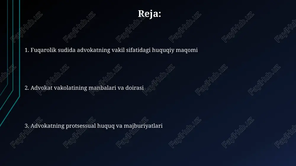 asi bo'yicha advokat sud jarayonida bir nechta vakolatni amalga oshirishi mumkin. advokatning majburiyatlariga mijozning manfaatlarini himoya qilish, sir saqlash, sudga nisbatan hurmatda bo'lish va 2023-yildagi advokatura to'g'risidagi qonun talablariga rioya qilish kiradi. apellyatsiya va kassatsiya shikoyatlarini tayyorlash shikoyatda sud qarorining qaysi qismi noto'g'ri ekanligi, qonunbuzilishlar va dalillar aniq ko'rsatilishi, shuningdek, talablar ham batafsil yozilishi shart. apellyatsiya shikoyati birinchi instansiya sudining qonuniy kuchga kirmagan hal qiluv qaroriga beriladi, shikoyat muddati kodeksning 406-moddasiga binoan 1 oy. xulosa xulosada advokat ishonchli vakil sifatida 20-40 daqiqa ichida mijozining manfaatlarini himoya qilish uchun dalillarni taqdim etadi, qonuniy asoslarni koʻrsatadi va sudga taʼsir oʻtkazishga harakat qiladi. advokatning xulosasi, 15-25 daqiqa davom etishi mumkin, ish boʻyicha dalillarni tahlil qiladi, huquqiy baholarni beradi va sudga qonuniy asoslangan qaror qabul qilishga yordam beradi. fuqarolik protsessida vakillik tushunchasi o'zbekiston respublikasi fkning 137-moddasiga muvofiq, vakil fuqarolik ishi bo'yicha sudda ishtirok etish uchun zarur vakolatlarga ega bo'lishi lozim, bunday vakolatlar qonuniy asosda …