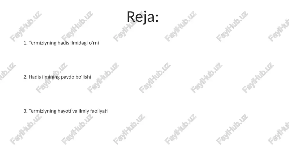 hobalarning ko'plab joylarga tarqalishi va ularning turli xil rivoyatlari, 60-100 hijriy yillarda hadis ilmining rivojlanishiga sezilarli ta'sir ko'rsatdi. "sunani termiziy" asarining o'ziga xos xususiyatlari «sunani termiziy»da hadislar mavzular bo'yicha tartiblangan bo'lib, 50 kitobga bo'lingan. har bir kitobda muayyan fiqhiy masalalarga oid hadislar jamlangan. termiziyning ushbu asari, undagi hadislarning ishonchliligi va fiqhiy tahlillari bilan ajralib turadi, shuningdek, unda 3956 ta hadis mavjudligi bilan ham ahamiyatlidir. hadis ilmining paydo bo'lishi: tarixiy kontekst umar ibn abdulazizning (682-720) buyrug'i bilan hadislarni rasmiy ravishda to'plash boshlangan. bu, hadis ilmining rivojlanishida muhim bir bosqich bo'lgan. hadis ilmi 1-asrning oxiri va 2-asrning boshlarida, islom dinining dastlabki davrida paydo bo'lgan, bu davrda hadislarni to'plash va yozish ishlari faollashgan. e'tiboringiz uchun rahmat image5.jpg image6.jpg image7.jpg image8.jpg image9.jpg image10.jpg image11.jpg image1.jpeg image2.jpeg
