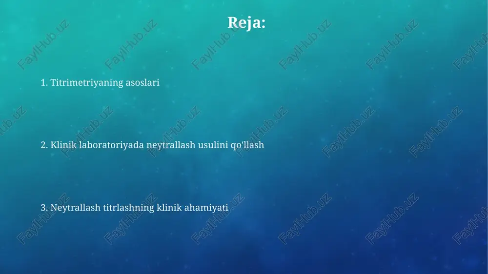 amunalar yordamida miqdoriy baholash uchun qo'llaniladi. farmatsevtika tahlili, dori vositasining barqarorligini baholaydi, harorat, namlik kabi omillar ta'sirida vaqt o'tishi bilan degradatsiya mahsulotlarini aniqlash uchun 0.1% aniqlikda o'lchanadi. titrlash jarayoni titrlash usullari turli xil, masalan, kislota-asosli titrlash, unda ph monitoringi orqali neytrallanish nuqtasi aniqlanadi va bu analitik maqsadlarda qo'llaniladi. titrlash jarayoni analitik kimyoning muhim qismi bo'lib, unda ma'lum konsentratsiyali eritma (titrant) noma'lum konsentratsiyali eritma bilan reaksiyaga kirishadi. neutralizatsiya reaksiyalari neytrallash titrlashda, ma'lum konsentratsiyali standart eritma (titrant) noma'lum konsentratsiyali eritma bilan reaksiyaga kirishadi, ekvivalentlik nuqtasi aniqlanadi, bu erda kislota va asos teng miqdorda reaksiyaga kirishadi. neytrallash reaksiyalari, brønsted-lowry nazariyasiga ko'ra, proton (h+) almashinuvini o'z ichiga oladi, bunda kislota proton beradi, asos esa protonni qabul qiladi va ph 7 ga yaqinlashadi. indikator tanlash indikatorning pka qiymati titrlash nuqtasining ph qiymatiga yaqin bo'lishi kerak; ideal holda, ular 1 ph birligi ichida bo'lishi lozim. indikatorning rang o'zgarishi titrlashning ekvivalent nuqtasiga yaqin bo'lgan ph oralig'ida keskin …