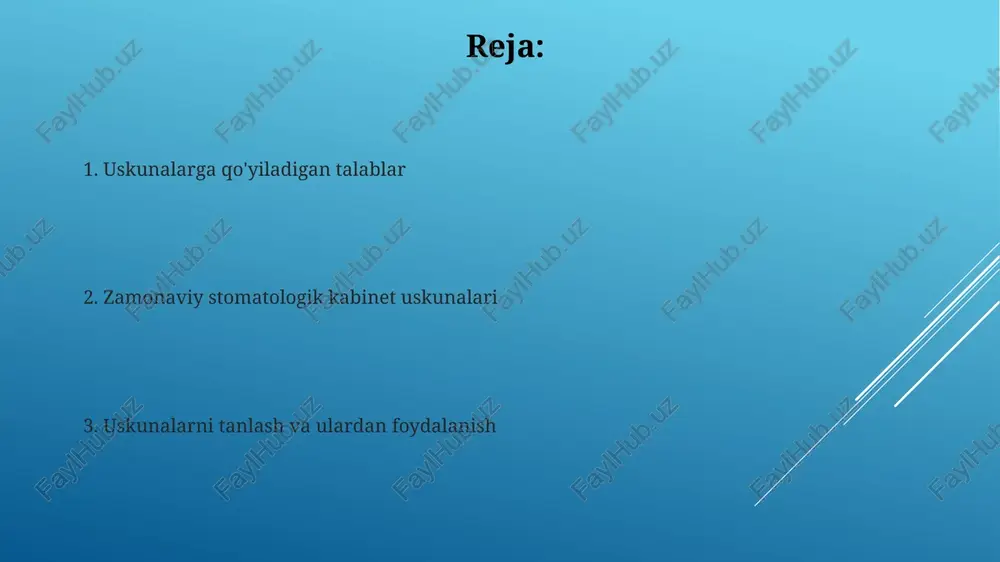 moslamalari asboblarni dezinfeksiya qilishdan oldin ishlatiladi, ular 40 khz dan yuqori chastotalarda tovush to'lqinlari orqali axloqsizlik va qoldiqlarni olib tashlaydi. materiallar bilan ishlash uskunalari materiallar bilan ishlash uskunalari, masalan, amalgamatorlar, tish plombalari uchun amalgamni to'g'ri nisbatda aralashtirish uchun 4000-4800 rpm tezlikda ishlashi kerak. gips vibratorlari gips modellari va o'lchovlarini tayyorlashda havo pufakchalarini olib tashlash uchun ishlatiladi va sozlanishi mumkin bo'lgan intensivlik darajalariga ega bo'lishi lozim. rentgen uskunalari: talablar va xavfsizlik rentgen uskunalari uchun radiatsiya xavfsizligi talablari 0,5 mm al ekvivalent filtratsiyani ta'minlashi, shuningdek, nurlanish maydonini diagnostika maqsadlariga moslashtirishi shart. rentgen kabinetlari devorlari va eshiklari 2 mm qalinlikdagi qo'rg'oshin ekvivalentiga ega bo'lishi kerak, bu esa xodimlarni va bemorlarni ortiqcha radiatsiya ta'siridan himoya qilish uchun muhimdir. havoning sifati va shamollatish tizimlari shamollatish tizimlari soatiga kamida 6-10 marta havo almashinuvini ta'minlashi lozim, bu esa aerosol va patogenlarni samarali olib tashlashga yordam beradi hamda havo sifatini yaxshilaydi. zamonaviy stomatologiya xonalari uchun havo sifati gigienik …