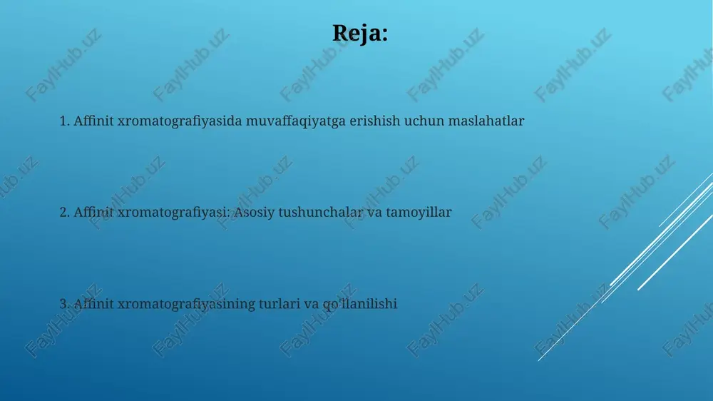fini o'z ichiga oladi. affinitet xromatografiyasining afzalliklari affinitet xromatografiyasi bir qadamda 90-99% gacha boʻlgan tozalik darajasiga erishish imkonini beradi, bu esa keyingi tozalash bosqichlariga boʻlgan ehtiyojni kamaytiradi. affinitet xromatografiyasi oqsillar, fermentlar, antitelalar va nuklein kislotalar kabi turli biomolekulalar uchun mos keladi, bu uning qo'llanilish doirasini kengaytiradi. ilovalar: fermentlarni tozalash affinit xromatografiyasi fermentlarni tozalashda yuqori selektivlikni ta'minlaydi, bunda ferment ligandga bo'lgan o'ziga xos bog'lanishidan foydalaniladi, bu esa 90% gacha tozalik darajasiga erishishga imkon beradi. fermentlarni affinit xromatografiyasi bilan tozalashda ferment substrat analogi yoki inhibitori matritsaga biriktiriladi; ushbu ligand ferment bilan kuchli bog'lanib, 10^-6 m dan 10^-9 m gacha bog'lanish konstantalarini hosil qiladi. xulosa affinit xromatografiyasi bio-o'zaro ta'sirlarga asoslangan bo'lib, 10^3 dan 10^8 m^-1 gacha bo'lgan bog'lanish konstantalarini qo'llaydi hamda farmatsevtika sanoatida keng qo'llaniladi. xulosa qilib aytganda, affinit xromatografiya 1950-yillarda rivojlangan va yuqori tozalik darajasiga erishish uchun antitelolar, fermentlar va nuklein kislotalar bilan ishlaydi. optimallashtirish strategiyalari ligand zichligini optimallashtirish, bog'lanish qobiliyatini maksimal …