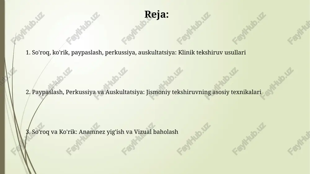 dan 1000 gts gacha bo'lgan tovushlarni aniqroq eshitishga imkon beradi. palpatsiya usuli yuzaki va chuqur palpatsiyani o'z ichiga oladi; bunda har xil bosimlar (masalan, 10-20 mmhg) organlarning hajmini, tuzilishini aniqlashga yordam beradi. inspeksiya: vizual baholash inspeksiya, vizual baholash, 3 ta asosiy xususiyatni – simmetriya, rang o'zgarishlari va harakat anomaliyalarini aniqlash uchun qo'llaniladi, masalan, oyoqlarning shishishi yoki teridagi petexiyalar. ko'z bilan tekshirishda nafaqat tananing tashqi qismi, balki 12 ta asosiy kranial nervlarning funksiyalari, masalan, ko'z harakatlari va yuz ifodalari ham baholanadi, bu esa nevrologik kasalliklarni aniqlashga yordam beradi. har bir usulning kamchiliklari perkussiya usuli 10% hollarda minimal o'zgarishlarni aniqlay olmaydi va 55% hollarda noto'g'ri interpretatsiyaga olib kelishi mumkin, ayniqsa o'pka kasalliklarida. so'roq usuli xolis bo'lmasligi mumkin, bemor 85% hollarda sub'ektiv ma'lumotlarni noto'g'ri taqdim etishi, tashxisda xatoliklarga olib kelishi mumkin. so'roq so'roq jarayonida bemorning ahvoli, og'riqning xarakteri (o'tkir, surunkali, sanchiqli), lokalizatsiyasi va intensivligi kabi subjektiv ma'lumotlar aniqlanadi, bu 30-45 daqiqa davom etishi …