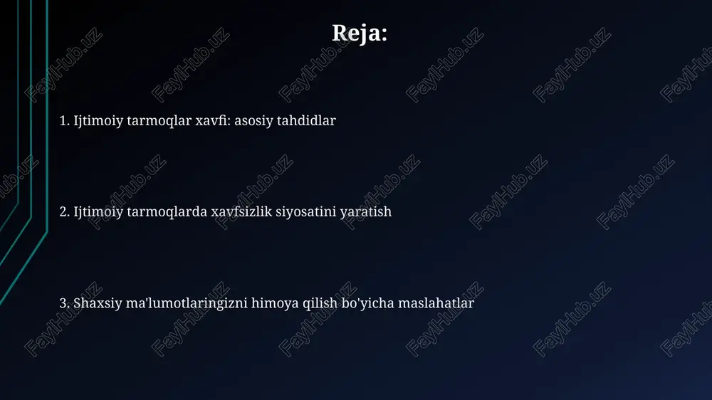 fishingda firibgarlar shaxsiy ma'lumotlarni (kredit karta raqamlari, parollar) olish uchun soxta elektron pochta xabarlari yoki veb-saytlardan foydalanadi, ko'pincha rasmiy tashkilotlarni taqlid qiladi. 2023-yil hisobiga ko'ra, fishing va firibgarlik sxemalari orqali o'g'irlangan mablag'lar 10 milliard dollardan oshgan bo'lishi mumkin, bu global miqyosda katta muammo ekanligini ko'rsatadi. soxta akkauntlar va botlar soxta akkauntlar odatda 1000lab soxta obunachilarga ega bo'lib, foydalanuvchilarni aldash, siyosiy qarashlarni manipulyatsiya qilish yoki spam tarqatish uchun ishlatiladi. ijtimoiy tarmoqlarda soxta akkauntlar va botlar 40% gacha bo'lishi mumkin, ular shaxsiy ma'lumotlarni o'g'irlash, fishing hujumlarini tashkil etish va zararli dasturlarni tarqatish xavfini oshiradi. ijtimoiy tarmoqlardagi xavflar shaxsiy ma'lumotlarning oshkor etilishi, masalan, uy manzili yoki tug'ilgan kun, o'g'irlik xavfini oshiradi, chunki jinoyatchilar 85% hollarda ushbu ma'lumotlardan foydalanib, identifikasiyani o'g'irlashga harakat qiladi. ijtimoiy tarmoqlarda yolg'on ma'lumot va dezinformatsiya tez tarqaladi, bu esa jamiyatda noto'g'ri tushunchalar hosil qilishi va siyosiy manipulyatsiyaga olib kelishi mumkin, 60% foydalanuvchilar yolg'on xabarlarga ishonadi. parollarni himoya qilish bo'yicha tavsiyalar …