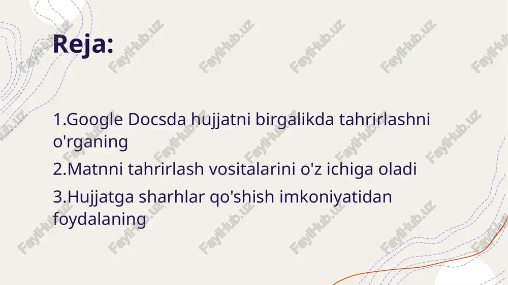 lay o'qiladi. ular aniq ma'lumot berish, tartibga solish uchun foydalidir. matnlar qatorlarni va paragrafni o'z ichiga olish mumkin. • grafik ko'rinish - grafik ko'rinish ma'lumotlarni tezda anglashni ta'minlaydi. diagrammalar va grafiklar ma'lumotlarni vizual tarzda ifodalaydi. bu analitik jarayonlarni yengillashtiradi. • foydalanish imkoniyatlari - hujjatlarni har xil formatlarda tayyorlash oson. matn va grafik shakllar turli maqsadlar uchun mos keladi. ular taqdimot va hisobotlar uchun muhimdir. • xulosa - hujjatlarning matnli va grafik ko'rinishlari bir-birini to'ldiradi. har ikki shakl ham samarali ma'lumot taqdim etishga yordam beradi. o'zgartirishlarni kuzatish funksiyasidan foydalaning • o'zgartirishlarni kuzatish - o'zgartirishlarni kuzatish funktsiyasi hujjatlarda o'zgarishlarni aniqlash imkonini beradi. ushbu funksiyadan foydalanish, foydalanuvchilarga yangilanishlarni kuzatish va ilgari amalga oshirilgan o'zgarishlarga qaytish imkoniyatini beradi. • versiya tarixi - versiya tarixi xususiyati bir hujjatdagi o'zgarishlar tarixini ko'rsatadi. har bir o'zgarish sanasi, muallifi va qo'shilgan yoki o'chirilgan elementlar haqida ma'lumot beriladi. matnni formatlash vositalarini o'rganing • matn formatlash asoslari - matnni formatlash …