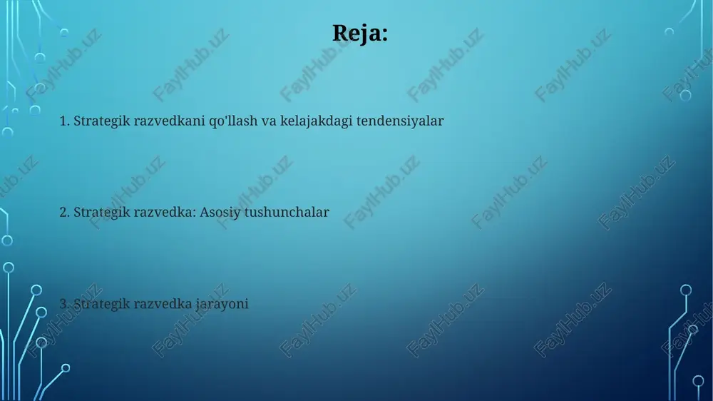 ari sigint (signal razvedkasi) elektron signallarni, masalan, aloqalarni to’plash va tahlil qilish orqali amalga oshiriladi. bunda aloqa protokollari tahlili orqali strategik yo'nalishlar aniqlanadi. humint (inson razvedkasi) agentlar va manbalardan maxfiy ma'lumot olishni o'z ichiga oladi. u 20% strategik ma’lumotga ega va qiyin, lekin muhim bo'lgan yashirin usullarni qo'llaydi. strategik razvedkaning ahamiyati strategik razvedka hukumatlarga 360 graduslik ko'rinishni taqdim etadi, siyosiy, iqtisodiy va harbiy sohalardagi tendentsiyalarni tahlil qilib, qarorlarni yaxshilaydi. strategik razvedka milliy xavfsizlikni ta’minlashda muhim rol o’ynaydi, potensial tahdidlar va 5-10 yillik istiqboldagi imkoniyatlar haqida ogohlantiradi. muvaffaqiyatli strategik razvedka misollari isroilning 1967 yilgi olti kunlik urushdagi g'alabasi misr va suriyaning harbiy kuchlari va strategiyalari to'g'risidagi aniq razvedka ma'lumotlariga asoslangan. 1962 yilgi kuba raketalar inqirozi davrida aqsh razvedkasining aniq tahlillari sovet ittifoqining niyatlari va imkoniyatlari haqida muhim ma'lumot berdi. strategik razvedkaning mohiyati strategik razvedka milliy manfaatlarga taʼsir etuvchi 3 asosiy omilni – geosiyosat, resurslar taqsimoti va demografik oʼzgarishlarni chuqur tahlil qiladi. …