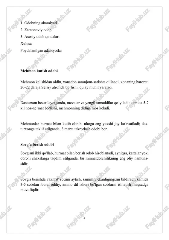 ya, lekin javob berish hammaga vojib. salomlashish tartibi yoshga bog'liq: kichiklar kattalarga birinchi bo'lib salom berishlari kerak. 50 yoshdan oshganlarga alohida hurmat ko'rsatiladi va ularga birinchi bo'lib salom berish tavsiya etiladi. dasturxon odobi taomni o'ng qo'l bilan iste'mol qilish va dasturxonda 3 ta asosiy narsalarga e'tibor qaratish – odobning muhim qismi bo'lib, bu 70% madaniyat va an'analarni aks ettiradi. dasturxonda baland ovozda gaplashmaslik va ovqatni shoshilmasdan, mayda qilib 25-30 marta chaynab yeyish – hurmat va sog'liq uchun 2 talik muhim qoidadir. dasturxonga o'tirishdan oldin qo'llarni yuvish – bu gigiena qoidalariga rioya qilish va 100% tozalikka erishishning muhim 1-qoidasidir, shuningdek, hurmat belgisi hisoblanadi. kiyim odobi kiyim tanlashda 10-qoidaga amal qiling: vaziyatga moslik, tana tuzilishiga moslik, hamda shaxsiy didingizga uyg'unlikni hisobga oling. rasmiy tadbirlarda 3 qismli kostyum yoki oddiy ko'ylak kiyish odobi hisoblanadi, yorqin ranglardan saqlanish va aksessuarlarni kamaytirish kerak. 5 elementli garderobda sifatli asosiy kiyimlar bo'lishi kerak: oq ko'ylak, qora shim, …