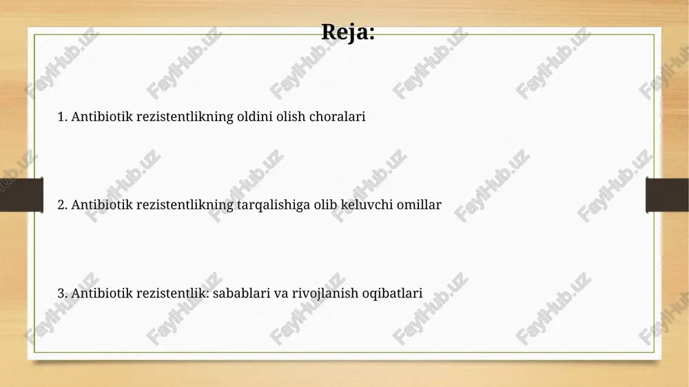 rezistent genlarning tarqalishiga sabab bo'ladi va odamlarga ta'sir qiladi. gospital infeksiyalari, gigiena qoidalariga rioya qilmaslik tufayli, 30% gacha antibiotiklarga chidamli bakteriyalarning paydo bo'lishiga sharoit yaratadi va davolanishni qiyinlashtiradi. antibiotiklarga chidamlilikning oqibatlari: iqtisodiyot antibiotiklarga chidamlilik tufayli davolash xarajatlari ortadi. masalan, mrsa infeksiyasi davolanishi oddiy bakterial infeksiyadan 2-3 barobar qimmatroq bo'lishi mumkin. antibiotiklarga chidamli mikroorganizmlar tufayli sog'liqni saqlash tizimiga bosim ortadi. bu esa, qo'shimcha sarf-xarajatlarga, jumladan, yangi dori vositalarini ishlab chiqishga olib keladi. antibiotiklarga chidamlilikni nazorat qilish siyosati davlat dasturi 2025-yilga qadar antibiotiklarga sezuvchanlikni aniqlash uchun laboratoriya imkoniyatlarini 70% ga oshirish va diagnostika standartlarini joriy etishni rejalashtiradi. antibiotiklarga chidamlilikni nazorat qilish siyosati 2024-yilda antibiotiklarni retseptsiz sotishni qat’iyan taqiqlash va tibbiy muassasalarda nazoratni kuchaytirishni o‘z ichiga oladi. antibiotiklarga chidamlilikning rivojlanish mexanizmlari ribosomani himoya qiluvchi oqsillar (rpps) ribosomaga bog'lanib, antibiotiklar, masalan tetratsiklinlar va makrolidlarning bog'lanishini bloklaydi va shu bilan bakteriyalarning o'sishini ta'minlaydi. bakteriyalar antibiotiklarning hujayralar ichiga kirishini kamaytiradigan oqsil nasoslarini (efflux pumps) rivojlantirishi mumkin, …