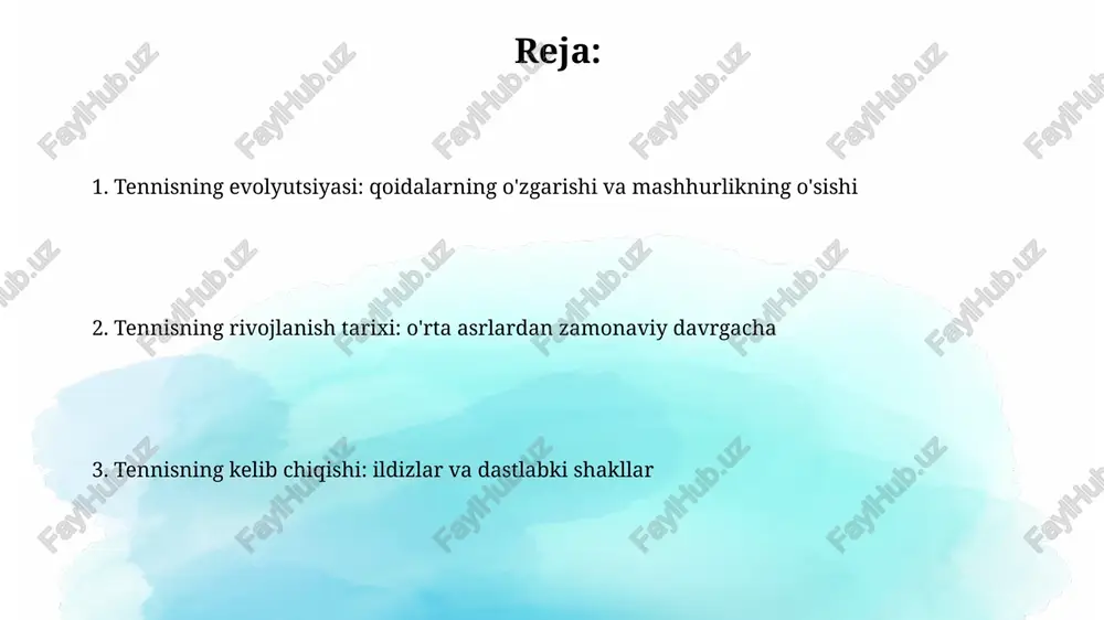 atentladi, u zamonaviy tennisning shakllanishiga sezilarli ta'sir ko'rsatgan o'yin hisoblanadi. tennisning o'tmishi xii asrda fransiyada paydo bo'lgan "jeu de paume" o'yiniga borib taqaladi, bu o'yin qo'l bilan to'pni urishni o'z ichiga olgan edi. kirish "kirish" qismi tennisning ommaviylashuvi va professional sportga aylanishi, shuningdek, 20-asrning oxiri va 21-asrning boshlaridagi asosiy o'yinchilar haqida ma'lumot beradi. "kirish" bo'limida tennisning rivojlanish bosqichlari, jumladan, 1870-yillarda zamonaviy qoidalar va "wimbledon" turnirining tashkil etilishi ta'kidlangan. tennisning jahon bo'ylab tarqalishi 1870-yillarda tennis buyuk britaniyadan tashqariga, xususan, hindiston va avstraliyaga tarqaldi, bu yerda u tezda mashhurlikka erishdi. xx asr boshlarida tennis yevropa qit'asida keng tarqaldi, fransiya va germaniya kabi davlatlar asosiy markazlarga aylandi. e'tiboringiz uchun rahmat image3.jpg image4.jpg image5.jpg image6.jpg image7.jpg image8.jpg image9.jpg image1.png