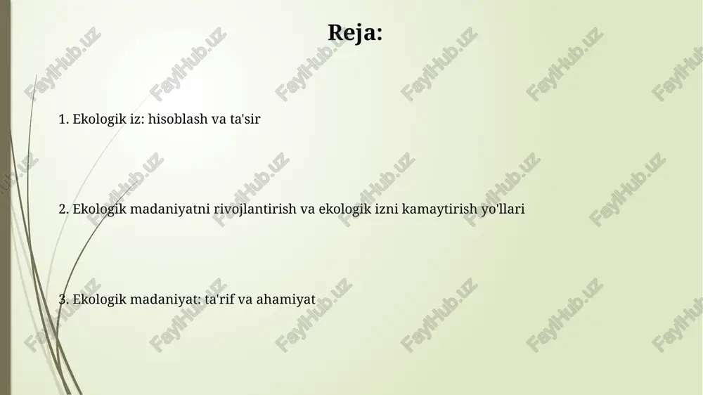lga boradi. ekologik iz insoniyatning ekotizimlarga bo'lgan talabini, ya'ni 1.7 gektar global o'rtacha bioimkoniyatini hisoblaydi va resurs sarfini ifodalaydi. barqaror rivojlanish tushunchasi bu tushuncha 1987-yilda bmtning brundtland hisobotida 'kelajak avlodlar o'z ehtiyojlarini qondirish imkoniyatlariga putur yetkazmasdan, bugungi kun ehtiyojlarini qondirish' sifatida ta'riflangan. barqaror rivojlanish o'zbekiston uchun 2030 yilgacha bo'lgan davrda barqaror rivojlanish maqsadlariga erishish orqali aholining farovonligini oshirish, resurslardan oqilona foydalanishni nazarda tutadi. korporativ ekologik mas'uliyat korporativ ekologik mas'uliyat doirasida chiqindilarni qayta ishlash ko'rsatkichlari 50% ga oshishi kutilmoqda, bu esa resurslardan samarali foydalanishni ta'minlaydi. korporativ ekologik mas'uliyat, iso 14001 standartlari bilan chambarchas bog'liq bo'lib, kompaniyalar atrof-muhitga ta'sirini kamaytirish bo'yicha majburiyatlarini belgilaydi. ekologik izni hisoblash usullari murakkab hisoblash usullari hayotiy sikl tahlilini (lca) o'z ichiga oladi, bunda mahsulot yoki xizmatning butun hayoti davomida, xomashyodan to utilizatsiyagacha bo'lgan barcha ekologik ta'sirlar baholanadi. uglerod izi hisobi yoqilg'i yoqish, sanoat jarayonlari va qishloq xo'jaligi kabi faoliyatlardan atmosferaga chiqarilgan co2 va boshqa issiqxona gazlari hajmini …