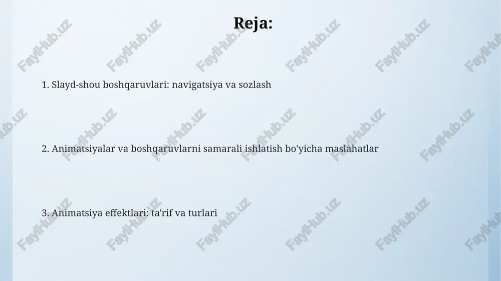kat yo'llari, ularning har biri elementlarning ekranda qanday paydo bo'lishini boshqaradi, masalan 3d formatda ham. slayd-shou boshqaruv elementlari: navigatsiya ko'pgina taqdimotlarda 'asosiy menyu' tugmasi bo'ladi. undan taqdimotning boshiga qaytish yoki ma'lum bo'limlarga tezda o'tish uchun foydalanish mumkin, misol uchun, 1-bo'limga. slaydlarga tez o'tish uchun 'slayd raqami' maydoni mavjud. bunda kerakli raqamni kiritib, 'enter'ni bosish orqali istalgan slaydga sakrash mumkin, bu juda qulay. slaydlar bo'ylab navigatsiya uchun 'keyingi' va 'oldingi' tugmalari standart hisoblanadi. ular taqdimotni ketma-ket, 1-slayddan 2-slaydga o'tkazish uchun ishlatiladi. animatsiya turlari: kirish, urg'u, chiqish, harakat yo'llari kirish animatsiyasi slaydda element paydo bo'lishining 4 usulini belgilaydi: uchib kirish, yo'qolish, shakl qo'shish yoki aylantirish kabi. 0 dan 100% gacha shaffoflik o'zgarishi shu jumladan. urg'u animatsiyasi obyektlarning diqqatini jalb qilish uchun 3 turli xususiyatni o'zgartiradi: rang, o'lcham va aylanish. masalan, rangni qizildan ko'kka o'zgartirish 1 soniya ichida sodir bo'lishi mumkin. harakat yo'llari animatsiyasi elementlarning 8 yo'nalishda chiziqli, egri chiziqli yoki murakkab yo'llar …