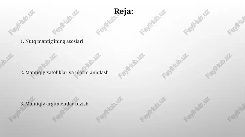 b, ishonchlilikni tekshiradi. dalillash usullari analogiya usuli ikki o'xshash narsa orasidagi munosabatni ko'rib, biridagi xususiyat boshqasida ham bor degan xulosaga keladi: "a va b o'xshash, a da x bor, demak b da ham x bor", taxminan 60% aniqlik bilan. deduksiya usuli umumiy qoidalardan xususiy xulosalarga o'tishni nazarda tutadi: masalan, "barcha odamlar o'ladi, sulton odam, demak, sulton ham o'ladi", 100% ishonchli natija beradi. nutq mantig'iga kirish abduksiya 3-mantiqiy yondashuv bo'lib, eng yaxshi tushuntirishni taklif qiladi. masalan, o't ho'l bo'lsa, yomg'ir yog'gani haqida faraz qilish abduktiv mantiqdir. nutq mantiqida deduksiya 1-qoidasi muhim, bunda umumiy qoidadan xususiy xulosaga kelinadi, masalan, 'barcha odamlar o'ladi' dan 'sulton o'ladi' degan xulosa kelib chiqadi. e'tiboringiz uchun rahmat image2.png image5.jpg image6.jpg image7.jpg image8.jpg image9.jpg image10.jpg image11.jpg image3.png