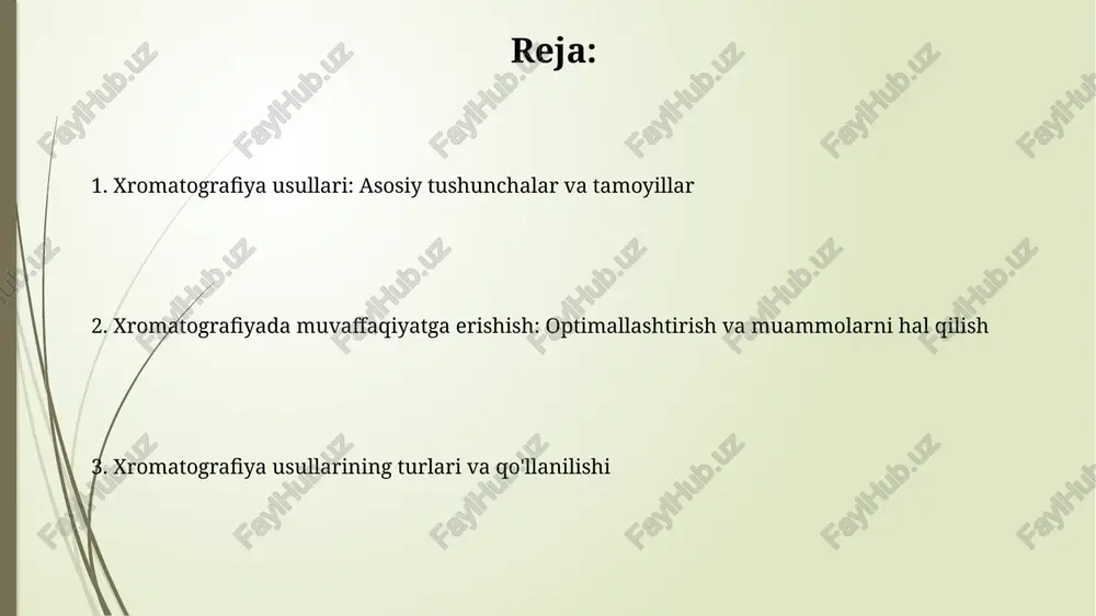 i (gc) gc usuli issiqlikka bardoshli va uchuvchan birikmalarni ajratish uchun ishlatiladi, bunda namunalar gaz fazasida harakatlanadi va 300°c gacha bo'lgan haroratda ajraladi. gaz xromatografiyasi detektorlari orasida olov ionlanish detektori (fid) keng tarqalgan bo'lib, u organik birikmalarni yuqori sezuvchanlik bilan aniqlaydi va 10^-12 g/s sezuvchanlikka ega. xromatografiyaning afzalliklari va kamchiliklari afzalligi: xromatografiya turli xil moddalarni, masalan, oqsillar, lipidlar va uglevodlarni ajratish uchun qo'llaniladi, bu uning 80% analitik vazifalarda muhimligini ko'rsatadi. kamchiligi: ba'zi usullar uchun (masalan, gaz xromatografiyasi) namunani parchalash talab etiladi, bu esa 0.1% hollarda uning tarkibini o'zgartirishi mumkin. xromatografiyaning asosiy tamoyillari xromatografiyada ajratish ikki faza o'rtasidagi analitning taqsimlanishiga asoslangan: harakatchan faza, masalan, erituvchi, va statsionar faza, masalan, adsorbent. taqsimlanish koeffitsienti har bir komponent uchun turlicha bo'ladi. ajratish analitlarning statsionar faza bilan o'zaro ta'siri kuchiga bog'liq. kuchliroq o'zaro ta'sirga ega bo'lgan analitlar sekinroq harakatlanadi, zaifroqlari esa tezroq harakatlanib, 99% gacha tozalikka erishiladi. xromatografiyaning qo'llanilishi farmatsevtika sanoatida xromatografiya dorilarning tozaligini baholashda …
