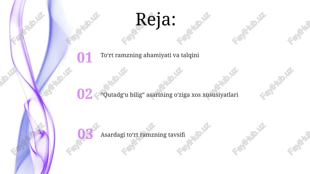 lik va qat'iyatlilik, bu esa davlat qudratini oshiradi. "qutadg'u bilig" asarida davlat boshqaruvi adolat, qonuniylik va 4 asosiy unsur (adolat, baxt, aql, qanoat) orqali ideallashtiriladi, bu jamiyat barqarorligini ta'minlashga qaratilgan. adolat ramzi - kun to'g'di kun to'g'di – adolat ramzi boʻlib, u davlatning qonuniy asoslarini va jamiyatda tenglikni taʼminlashning muhimligini koʻrsatadi, bu orqali xalq farovonligiga erishiladi. kun to'g'dining adolat timsoli sifatida namoyon bo'lishi, qutadg'u bilig'da 12 asosiy fazilatni o'zida mujassam etgan, ular orqali ideal hukmdorning adolatli boshqaruvi ta'minlanadi. ramzlarning o'zaro munosabati va aloqadorligi saodat ramzi bo'lgan ayto'ldi aql-idrok va bilimni aks ettiradi, bu esa 2-pog'ona bo'lib, adolatli hukm chiqarish va xalqni boshqarish uchun zarur intellektual resursdir. adolat timsoli bo'lgan kundug'du to'g'rilik va qonunni ifodalaydi, davlatni barqarorlashtiruvchi 1-asosiy tamoyil sifatida, xalq farovonligini ta'minlashda muhim ahamiyatga ega. yusuf xos hojib - muallif va uning davri yusuf xos hojib balasag'unda tug'ilgan va umrining katta qismini qashg'arda o'tkazgan, u yerda qoraxoniylar hukmdorining saroyida muhim …