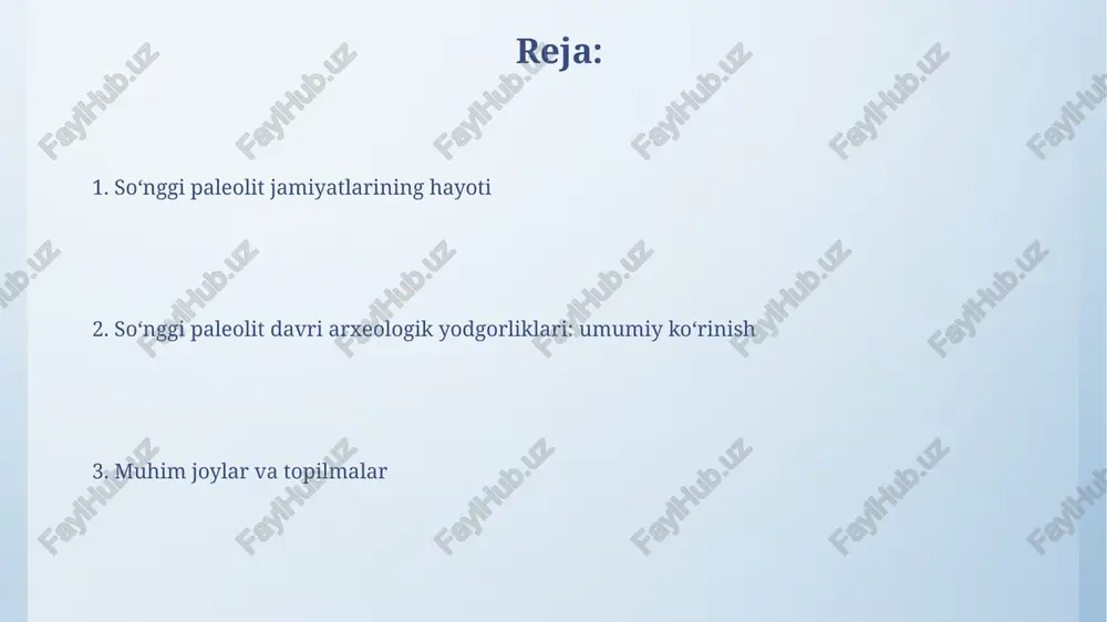 davrida 10-15 kishidan iborat bo'lgan qarindoshlikka asoslangan guruhlar shakllandi, bu esa ijtimoiy aloqalarning murakkablashuvidan dalolat beradi. dafn marosimlari va marosimlar dafn marosimlarida ocher, ya'ni qizil bo'yoqdan foydalanish keng tarqalgan bo'lib, u hayotiy kuch va qayta tug'ilishning ramzi sifatida ishlatilgan, ba'zan jasadni to'liq qoplagan. ba'zi dafn joylarida, masalan sungirda, marhumlarning skeletlari o'n minglab fil suyagidan yasalgan boncuklar bilan bezatilgan, bu jamiyatdagi ijtimoiy tabaqalanish va boylikning namoyon bo'lishini anglatadi. xulosa xulosa, surxondaryo viloyatida joylashgan boʻlib, taxminan 150 000 yillik tosh asboblari majmuasini oʻz ichiga oladi, bu esa markaziy osiyodagi eng qadimgi paleolit davri manzilgohlaridan biri ekanligini isbotlaydi. xulosa arxeologik topilmalari, xususan, topilgan hayvon suyaklari, odamlar ovqatlanish ratsioni va atrof-muhit sharoitlari haqida ma'lumot beradi, bu esa paleolit davri ekologiyasini o'rganishda muhim ahamiyatga ega. san'at va bezaklar san'at va bezaklar ko'pincha g'orlarda uchraydi, masalan, fransiyadagi lasco g'ori, unda 17000 yillik hayvonlarning chizmalari, shu jumladan otlar, buqalar va bug'ular tasvirlangan. marjonlar va bilaguzuklar kabi shaxsiy …