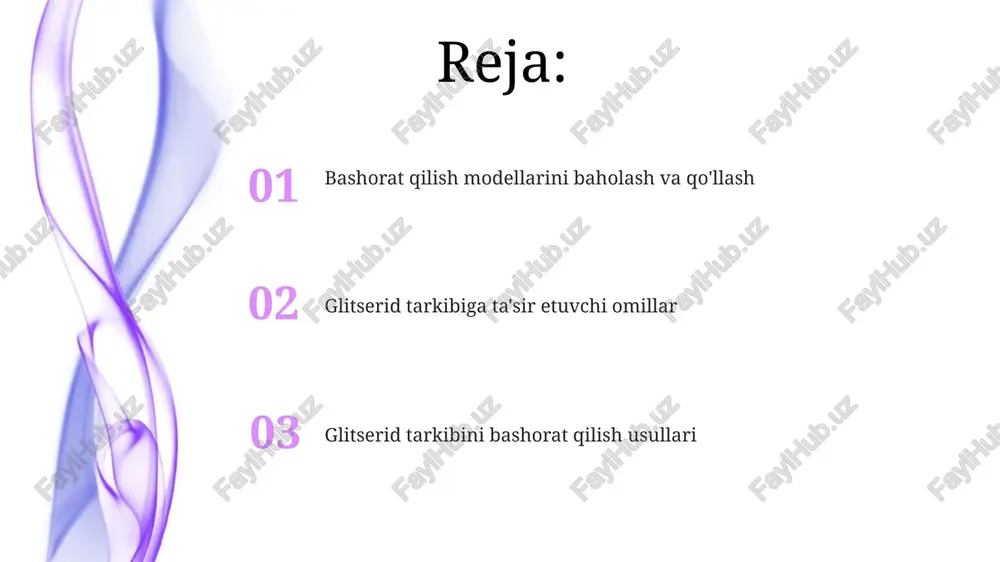 a (md) va monte karlo (mc) simulyatsiyalari glyceridlarning energetik xususiyatlarini aniqlash va bashorat qilish uchun qo'llaniladi. xulosa xulosa shuni ko'rsatadiki, modellashtirish orqali triglitseridlar tarkibini aniq bashorat qilish mumkin, bu esa oziq-ovqat va farmatsevtika sanoatida 85% aniqlikka erishish imkonini beradi. olingan natijalar 20 dan ortiq turli o'simlik moylarining triglitserid tarkibini aniq bashorat qilish imkonini beradi, bu esa ishlab chiqarish jarayonini optimallashtirishga 70% imkon beradi. kirish kirish - bu yog 'va yog' kislotalarining qattiqlashish haroratini pasaytirish uchun triglitserid molekulasiga bir yoki bir nechta qo'shimcha yog' kislotalarini kiritish jarayoni. kirish jarayoni triglitseridlarning eritish nuqtasini kamaytirishi mumkin, shu bilan ular pastroq haroratlarda suyuq bo'lib qoladi, bu esa 15 dan 30% gacha trans yog'larning hosil bo'lishini cheklaydi. yog' kislotalarining turlari va ta'siri to‘yingan yog‘ kislotalari (masalan, palmitik kislota, c16:0) xona haroratida qattiq bo‘lib, qon xolesterin miqdorini oshirishi va yurak-qon tomir kasalliklari xavfini ko‘paytirishi mumkin. trans-yog‘ kislotalari (masalan, margarinlarda) sun’iy ravishda hosil bo'lib, ldl xolesterinini oshiradi …