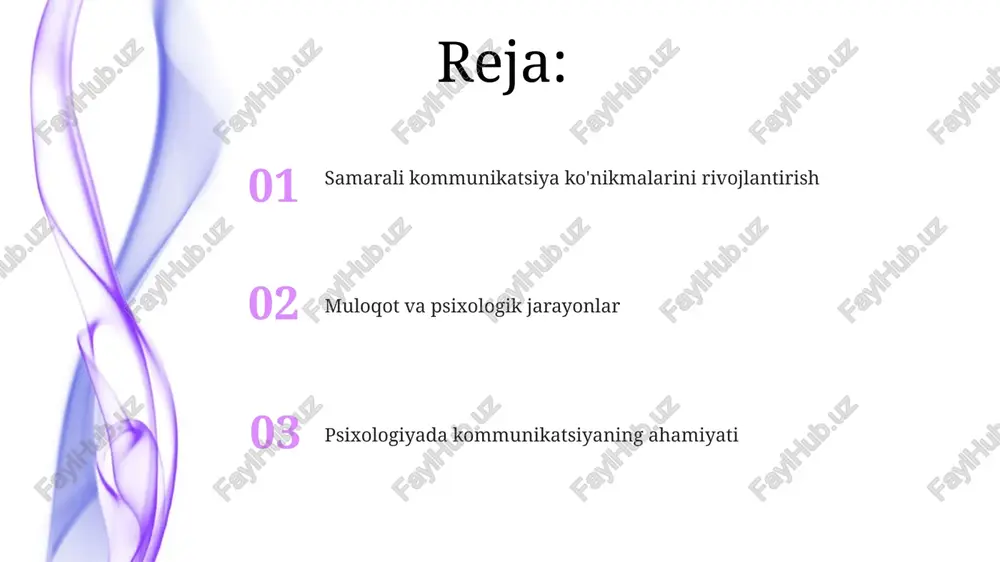 ngan holda amalga oshiriladi. gʻarbda esa toʻgʻridan-toʻgʻri aloqa afzalroq hisoblanadi. kirish: psixologiyada aloqaning roli verbal bo‘lmagan aloqa, masalan, tana tili, miyaning limbik tizimi bilan bog‘liq bo‘lib, his-tuyg‘ularni 60% gacha ifodalaydi va muloqot jarayonida muhim ahamiyatga ega. psixologiyada aloqa bemorning hissiy holatini aniqlashda 70-90% gacha muhim rol o‘ynaydi, bu diagnostika va davolashni to‘g‘ri yo‘naltirishga yordam beradi. diagnostika va baholashda aloqa diagnostikada aloqa orqali bemorning hissiy holati, fikrlash jarayoni va xatti-harakatlari to'g'risida ma'lumot olinadi, bu esa dsm-5 bo'yicha aniq tashxis qo'yishga yordam beradi. baholashda aloqa test natijalarini (masalan, iq 120) talqin qilishda muhim, chunki u bemorning tushunish darajasini va savollarga javob berish motivatsiyasini aniqlashga imkon beradi. e'tiboringiz uchun rahmat image5.jpg image6.jpg image7.jpg image8.jpg image9.jpg image10.jpg image11.jpg image1.jpeg image2.jpeg image3.jpeg