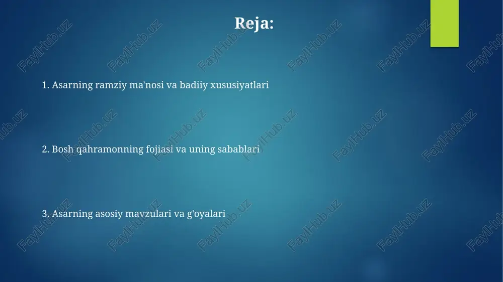 hi folklorik tasavvurlarga asoslangan bo‘lib, tabiatning inson bilan 36 aloqasini ifodalaydi. “oq kema” qissasida kiyik ona obrazi mifologik dunyoqarashning 40 avloddan beri saqlanib kelayotgan tabiat bilan uyg‘unlik ramzi sifatida namoyon bo‘ladi. xulosa aytmatovning “xulosa” qismida bolaning orzulari va uning jamiyatdagi haqiqiy o‘rni o‘rtasidagi ziddiyat 3 ta asosiy obraz: bobosi, orozqul va bug‘u orqali ochib beriladi. “xulosa” asarda bolaning ideal olamdan real hayotga o‘tishi, afsuski, uning fojiasi bilan yakunlanishini aks ettiradi, bu 1970-yillarning ekologik muammolarini oydinlashtiradi. “oq kema” qissasining qisqacha mazmuni mo'min bobo maral ona haqidagi afsonani aytadi, bu afsona qabilaning kelib chiqishi haqida bo'lib, bolaning dunyoqarashiga va tabiatga bo'lgan muhabbatiga katta ta'sir qiladi. bosh qahramon, yetim bola, oq kemani orzu qiladi, bu uning uchun o'tmish va kelajak bilan aloqani ifodalaydi. uning orzulari 2-jahon urushi davridagi qiyinchiliklar bilan bog'liq. ramziylik va metaforalar maral bug'u ona obrazi tabiatning go'zalligi va himoyasini ramziy qiladi, 8 ta shoxi esa uning kuchini va afsonaviy ildizlarini …