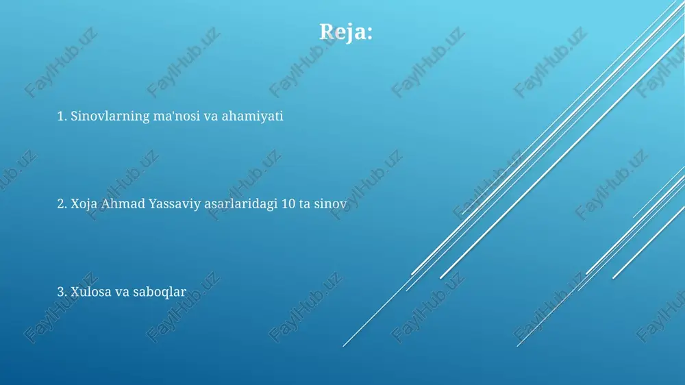 , va ixlos (allohga sadoqat) orqali haqiqatga yetishiladi, bu bilan nafs tarbiyalanadi. haqiqatni izlash sinovi yasaviy hikmatlarida allohning mohiyatini anglashga intilish, 99 ismlari orqali ma’rifatga erishishga qaratilgan chuqur ma’naviy sayohatdir. 3-sinov: xalqqa xizmat qilish va saxovat xalqqa xizmatning mohiyati yasaviy ta'limotida 12 imomga sadoqat bilan bog'liq, bu orqali muridlar jamiyat ehtiyojlarini qondirishga undalgan. saxovat esa 7 xil ko'rinishda namoyon bo'ladi. saxovatning eng oliy namunasi – 3 kun davomida o'zida bor 9 turdagi ne'matni muhtojlarga ulashish, bu esa yasaviy tariqatining 14 asosiy qoidasidan biridir. yasaviyning 'hikmat'larida xalqqa xizmat 4 asosiy ustunga tayanadi: mehr-shafqat, adolat, bilim ulashish va 5 vaqt namozda sabrli bo'lish, bu ulug' maqsadga yetaklaydi. xoja ahmad yassaviy hayoti va ijodiga qisqacha nazar uning tariqati – yassaviylik markaziy osiyoda keng tarqalgan boʻlib, xalq orasida ma’naviy-axloqiy qadriyatlarni singdirishda muhim rol oʻynadi, uning maqbarasi ziyoratgohdir. xoja ahmad yassaviy 12-asrda yashab ijod qilgan, tasavvuf adabiyotining yirik vakili, uning hikmatlari oʻzbek adabiyotiga sezilarli ta'sir …