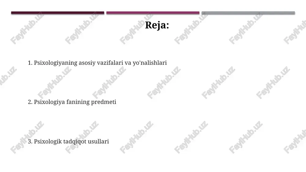 rajalarda (masalan, sezgirlik, instinkt, ongli xatti-harakat) namoyon bo'ladi va biologik adaptatsiya uchun xizmat qiladi. psixikaning tuzilishi kognitiv (sezgi, idrok, xotira, tafakkur), emotsional (his-tuyg'ular) va xulq-atvoriy (harakatlar) komponentlarni o'z ichiga oladi va o'zaro bog'liqdir. ijtimoiy psixologiya asoslari “ijtimoiy psixologiya asoslari” guruhlardagi xulq-atvorni o’rganadi, shuningdek, konformizm, itoatkorlik va 1950-yillardagi tajribalar kabi muhim mavzularni o’z ichiga oladi. “ijtimoiy psixologiya asoslari” attityudlarni, prejudice (yomon ko’rish)ni va stereotiplarni tahlil qilib, bu hodisalarning shaxslararo munosabatlarga 20-asrda qanday ta’sir qilishini ko’rsatadi. “ijtimoiy psixologiya asoslari” ijtimoiy bilishni, shu jumladan, odamlarning boshqalarni qanday idrok etishini, 30-yillardan boshlab, attributsiya va kognitiv dissonans kabi jarayonlarni o’rganadi. bilib olish jarayonlari bilish jarayonlari, xususan, sezgi, idrok va xotira kabi kognitiv funksiyalarni o'rganadi, ular odamlarning 7 ± 2 birlik hajmida ma'lumotni qabul qilishiga imkon beradi. bilib olish jarayonlari diqqatni jamlashning roli bilan bog'liq, bu esa miyaning ma'lum signallarni filtrlash va 80-90 foiz noaniq ma'lumotni chetga surish qobiliyatini o'z ichiga oladi. til va tafakkur kabi …