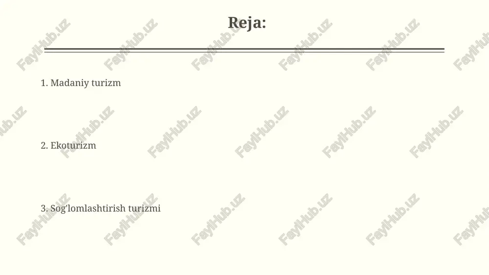 n norozilik ortishi mumkin. ekoturizm faoliyati ekotizimga bosim o‘tkazishi mumkin, masalan, chiqindi hosil qilish, yovvoyi tabiatni bezovta qilish va resurslarni haddan tashqari ishlatish. o'zbekistonda salomatlik turizmi imkoniyatlari o'zbekistonning mineral suv resurslari 150 dan ortiq turdagi davolovchi suvlar, masalan, «burchmulla» va «chartak» suvlari bilan sanatoriylarda davolanish imkonini beradi. mamlakatda termal buloqlar mavjudligi, ayniqsa sirdaryo viloyatidagi «sirinoq» buloqlari, revmatizm va teri kasalliklarini davolashda 25 dan ortiq sanatoriylar faoliyatini rivojlantirishga yordam beradi. xulosa xulosa qilib aytganda, ushbu turizm turlari 21-asrda barqaror rivojlanish va mahalliy iqtisodiyotni qo'llab-quvvatlash uchun muhim ahamiyatga ega. 3 ta turizm mahsulotlari: ekoturizm, madaniy turizm, va sog'liq turizmi mintaqaning noyob resurslaridan oqilona foydalanishga imkon beradi. o'zbekistonda ekoturizm salohiyati o'zbekiston ekoturizm resurslari tarkibiga 2000 dan ortiq o'simlik turlari, 150 dan ortiq sutemizuvchilar va 400 ga yaqin qushlar kiradi, bu bioxilma-xillikni o'rganish uchun imkoniyat yaratadi. mamlakatda o'zbekiston fanlar akademiyasi zoologiya instituti tomonidan turizm uchun 20 dan ortiq ekoturistik marshrutlar ishlab chiqilgan bo'lib, ularning …