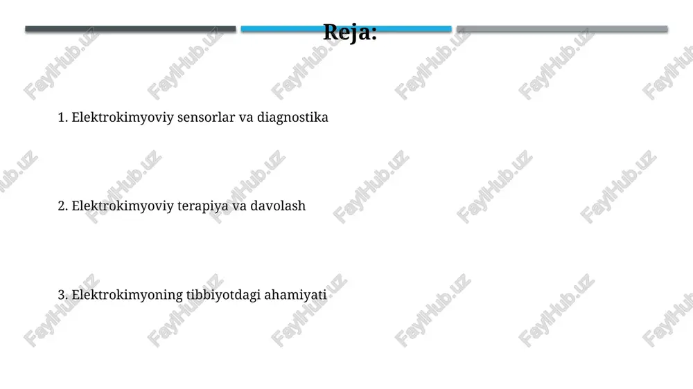 niqlash uchun ishlatiladi, bu diagnostika uchun 10-100 mikrolitr namunani talab qiladi. elektrokimyoviy diagnostika elektrokimyoviy diagnostika qonda glyukoza miqdorini aniqlashda muhim rol o'ynaydi, diabet kasalligini monitoring qilishda 90% dan ortiq holatlarda qo'llaniladi. potensiostatlar elektrokimyoviy sensorlar orqali biologik suyuqliklardagi ionlar (masalan, na+, k+, cl-) konsentratsiyasini o'lchashda ishlatilib, 0.1 mv aniqlikda natija beradi. elektrokimyoviy sterilizatsiya ushbu usulda anodda suvning elektrolizi natijasida hosil bo'ladigan gidroksil radikallari va vodorod peroksid kabi oksidlovchi moddalar mikroblarni 99.9% gacha yo'q qiladi. elektrokimyoviy sterilizatsiya jarayoni 0.1-0.5 a kuchlanish ostida eritilgan elektrolitlar (masalan, nacl) orqali mikroorganizmlarni yo'q qilish uchun aktiv xlor hosil qiladi. oksidlanish stressini o'lchash oksidlanish stressini o'lchashda, 8-oxo-dg testi dna oksidlanishini aniqlash uchun ishlatiladi, bu test natijalari 1-10 ng/ml oraliqda bo'lib, hujayra shikastlanish darajasini ko'rsatadi. malondialdegid (mda) testi lipid peroksidlanishini o'lchash uchun muhimdir, uning normal darajasi odatda 2-6 µmol/l atrofida bo'ladi, bu ko'rsatkich oksidlanish stressi darajasini aks ettiradi. xulosa zamonaviy elektrokimyoviy tadqiqotlar 3 o'lchovli bosma bioelektrokimyoviy sensorlar va …