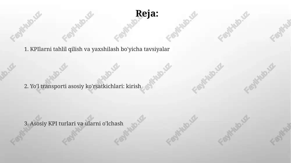 port vositalarining chiqindi gazlari hajmi, masalan, co2 emissiyasi, yoqilg'i sarfi bilan bog'liq bo'lib, bir kilometrga grammlarda (g/km) o'lchanadi va havo sifatiga ta'sirini ko'rsatadi. iqtisodiy ko'rsatkichlar yo'l transporti vositalarining rentabelligi iqtisodiy ko'rsatkich bo'lib, u har bir transport vositasidan olingan daromadning uning operatsion xarajatlariga nisbatini ifodalaydi. yo'l transportining iqtisodiy ko'rsatkichlaridan biri - yo'lovchi kilometr qiymati bo'lib, 1 km masofaga yo'lovchini tashish xarajatini baholaydi, bu samaradorlikni aniqlash uchun muhimdir. kirish kirish - bu transport vositasining dastlabki narxi va xizmat qilish davridagi xarajatlar o'rtasidagi muvozanatni anglatuvchi muhim iqtisodiy ko'rsatkichdir. kirish logistika zanjirining samaradorligini baholashda, yetkazib berish vaqtining 95% ishonchliligini hamda inventarizatsiya aylanish tezligini 12 martaga qadar hisobga oladi. e'tiboringiz uchun rahmat @taqdimot_robot image2.png image5.jpg image6.jpg image7.jpg image8.jpg image9.jpg image10.jpg image11.jpg image3.png